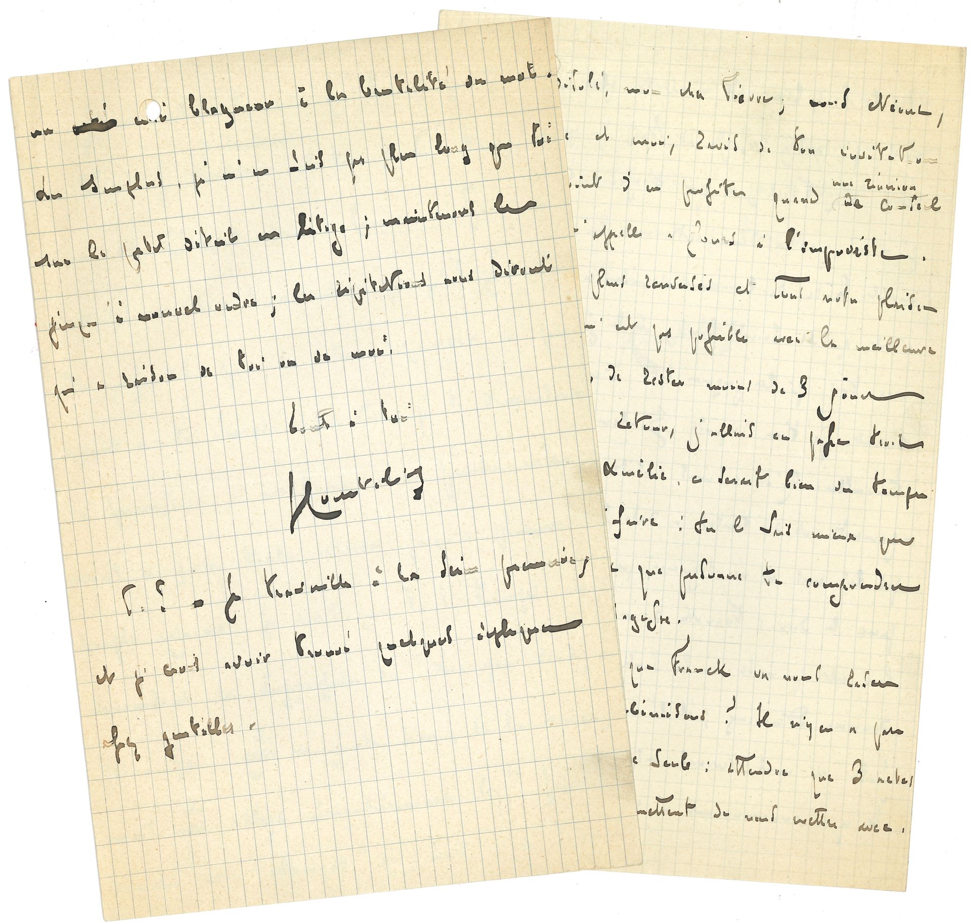 Georges COURTELINE. 6 L.A.S., [1909]-1918, à Pierre Wolff; 8pages in-8 et une carte postale (trous de classeur).
Correspondance amicale entre les deux hommes de théâtre et collaborateurs.
Sur leur collaboration (pour La Cruche en 1909): Courteline n’est pas d’accord avec Wolff, et lui demande de garder un passage qui «n’ajoute rien si tu veux, mais il allège singulièrement le “Je couche avec Margot” qui suit, en donnant un côté blagueur à la brutalité du mot […] Les répétitions nous diront qui a raison de toi ou de moi»… – «Tu as, toi, ta pièce en trois actes chez Porel, ce qui t’assure ton hiver; moi je n’ai que les deux actes avec Poe [Lugné-Poe], mais je n’ai nulle hâte de les voir représenter. L’important c’est qu’ils soient bons», et il ne signera rien tant que la pièce ne sera pas revue.
À propos d’un plagiat dont se plaint Wolff: «C’est vraiment extraordinaire de sans-gêne et de simplicité! En somme je ne vois pas grande différence entre ça et un vol. Tu as bien fait de saisir la Commission; pourvu seulement que Gaumont ne soit pas l’éditeur du film!... 
Marseille 17 mars 1918, il félicite P. Wolff qui vient d’être élu président; 16 avril, carte postale de Biskra,
On joint une L.A.S de Madame Courteline au même.