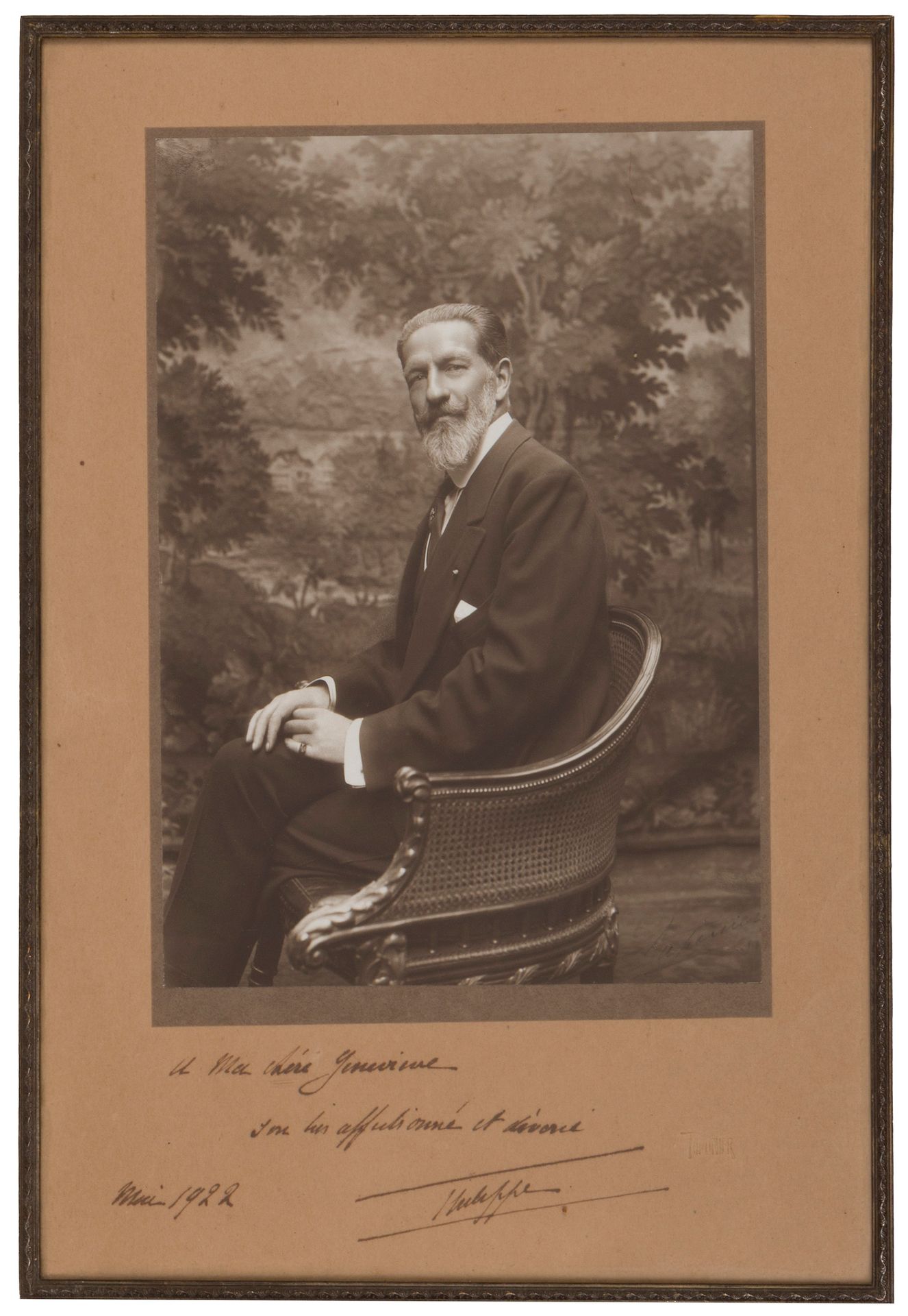 ORLÉANS family. 9 autographed or signed photographs, and 18 letters and documents, most of them L.A.S.
From Geneviève du Gardier, Countess Louis de Baritault, lady-in-waiting to the Duchess of Orléans, then to the Duchess of Guise and Queen Amélie of Portugal.
 Robert d'Orléans, Duc de Chartres (1840-1910): 2 L.A.S., Saint-Firmin 1904-1910. -Françoise d'Orléans, Duchesse de Chartres (1844-1925): 3 L.A.S., Saint-Firmin 1908-1914.
Marie d'Orléans, Princess of Denmark (1865-1909): L.A.S., Ebenthal August 9, 1905.
Philippe VIII, Duc d'Orléans (1869-1926): 2 photographs dedicated to his beloved Geneviève, May 1922 (framed) and December 1923 (by Bassano).
Henriette of Belgium, Duchess of Vendôme (1870-1948): L.A.S., Cannes March 14, 1931.
Jean d'Orléans, Duc de Guise (1874-1940): photo signed and dated 1902 (by Carl Sonne); and 5 L.A.S., 1899-1933. - Isabelle duchesse de Guise (1878-1961): signed photo (by Taponier, framed).
Louise d'Orléans, Infanta of Spain (1882-1958): L.A.S., May 23, 1909.
Marie duchesse de Montpensier (1897-1958): L.S., March 4, 1924.
Anne de France, Duchesse d'Aoste (1906-1986): photograph of her wedding to Amedeo de Savoie-Aoste, dedicated to Geneviève, and signed by Amedeo, November 5, 1927 (by Eva Barrett); and L.A.S., Manoir d'Anjou October 24, 1926.
Françoise d'Orléans, Princess of Greece (1902-1953): photograph of her wedding to Christophe of Greece, dedicated to Geneviève de Baritault, and signed by Christophe, Palermo 1929 (by Eva Barrett).
Henri d'Orléans, Count of Paris (1908-1999): L.A.S., Manoir d'Anjou December 6, 1926. - Isabelle comtesse de Paris (1911-2003): 3 photographs dedicated by her to Geneviève de Baritault: one with her husband and 3 children, Brussels 1934 (co-signed by Henri comte de Paris), the other 2 representing her children (1934 and 1935); plus a greetings card a.s., co-signed by her husband.
Charles Maurras (1868-1952): autograph manuscript of an address to the Duc d'Orléans, June 22, 1924 (1page in-4 on the back of a menu, under glass), co-signed by 16 participants (L. and G. de Baritault, Georges Valois, Mis de Saint-Seine, A. de Forceville, M.L. des Garets...), ""French by birth and heart, by reason and will", all loyal subjects of Monseigneur le Duc d'Orléans, and happy guests of Madame la comtesse de Baritault", sending her "the most respectful tributes of their gratitude and devotion".
Plus 4 photographs (one framed).