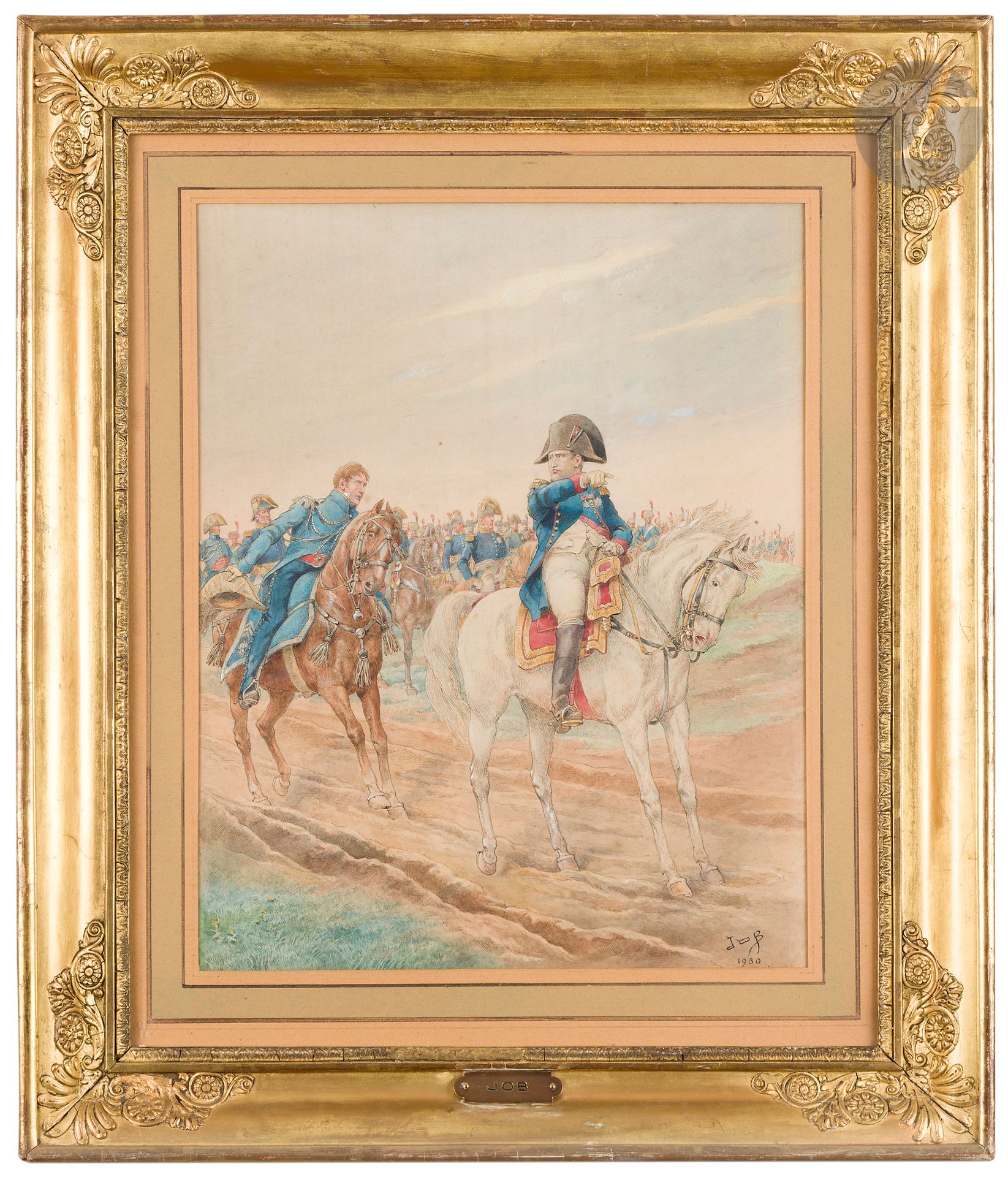 Jacques Onfroy de Bréville known as JOB (1858-1931)
The Emperor and his Aide-de-Camp on a Battlefield
Ink and watercolor drawing, signed and dated 1930 lower right. 
Gilded frame with palmettes. 
38 x 30 cm
