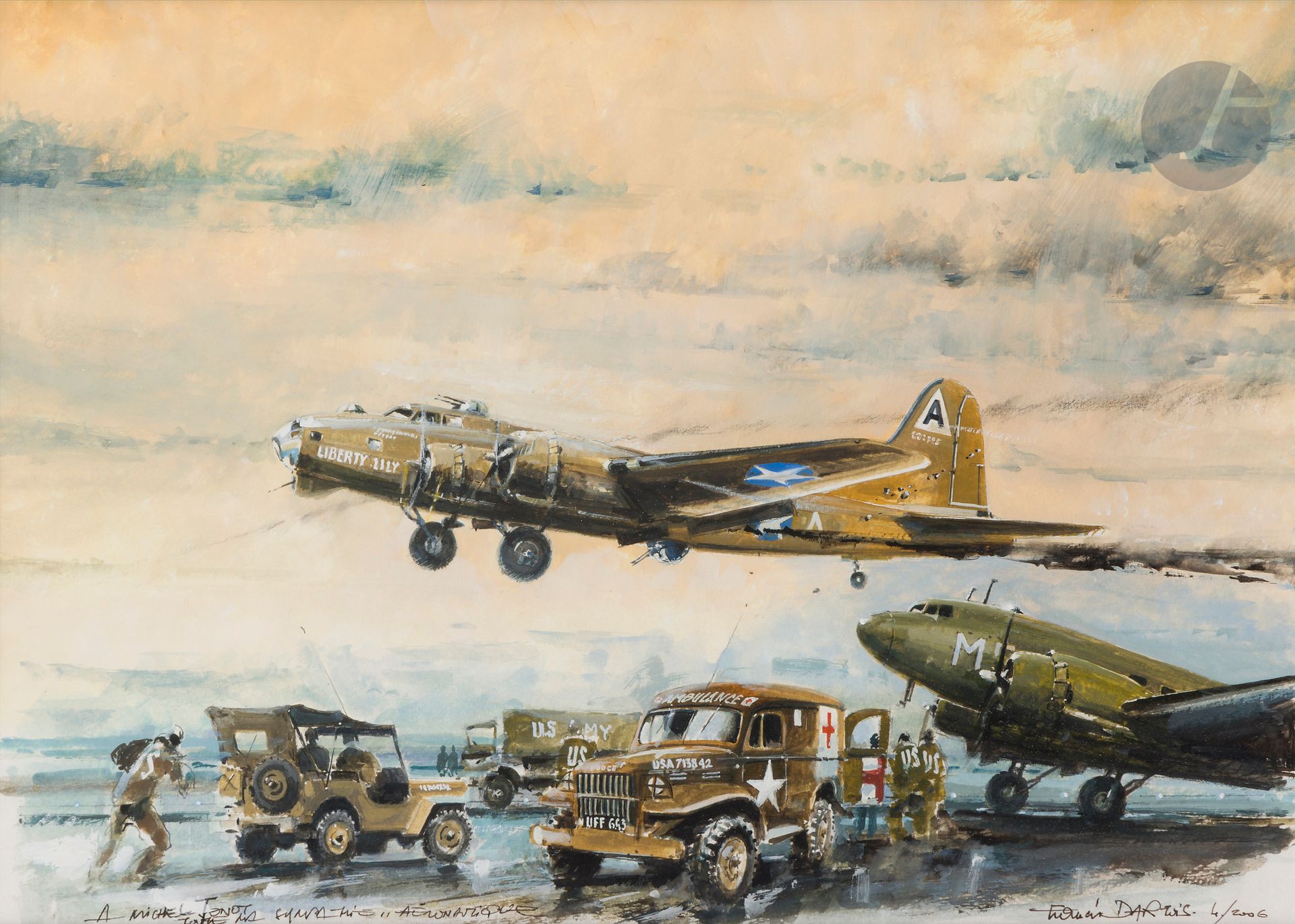 Francis DARTOIS (1934-2015)
Atterrissage d’un B17
Aquarelle et gouache signée et datée 4/2006 en bas à droite.
Encadré sous verre. 
32 x 46 cm 
B.E.