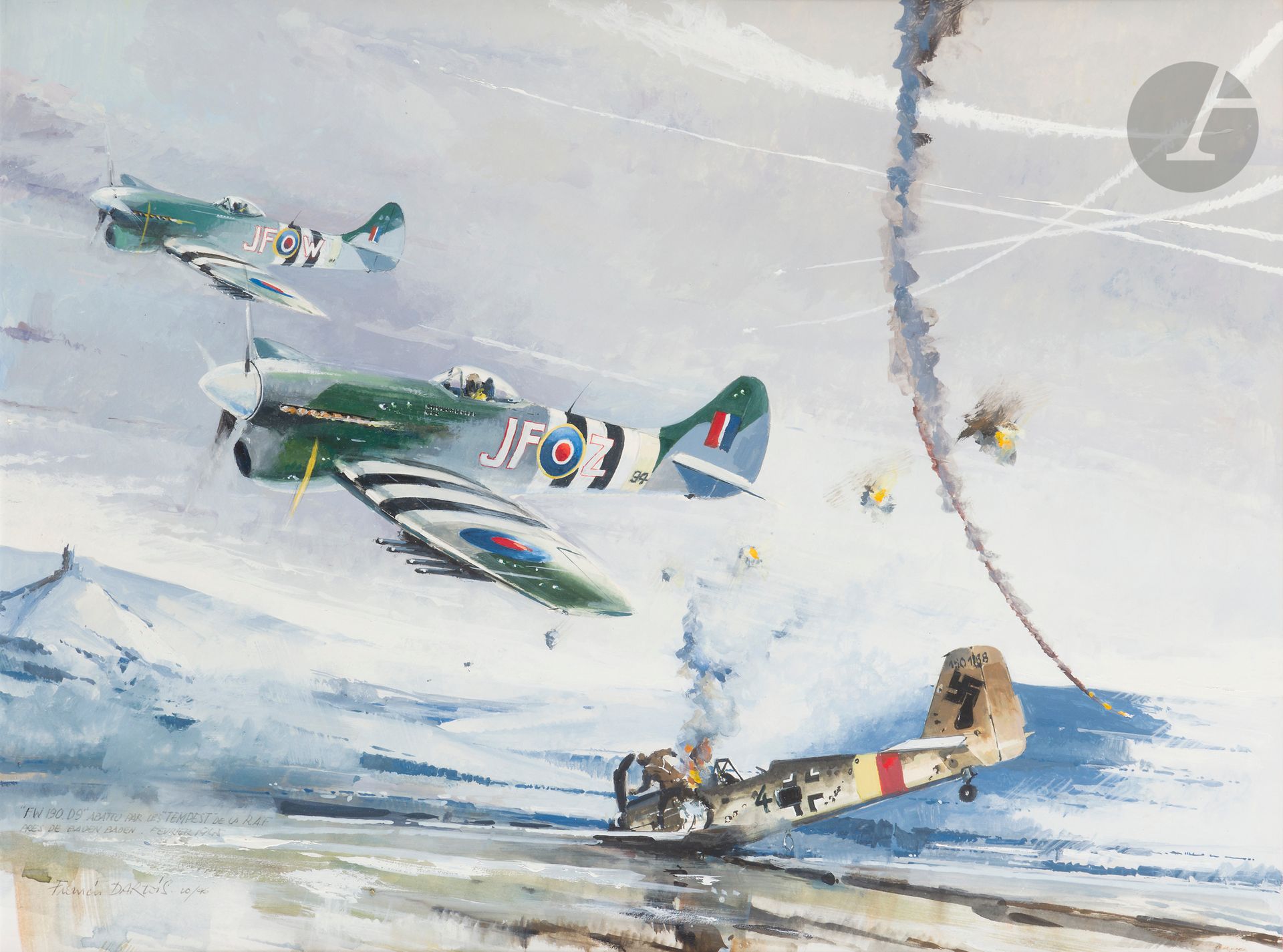 Francis DARTOIS (1934-2015)
Un Focke-wulf 190 D9 abattu par des Tempest de la RAF près de Baden Baden (1945)
Grande gouache signée et datée 10/96 en bas à gauche. 
Encadrée sous verre. 
39 x 54 cm 
B.E.
