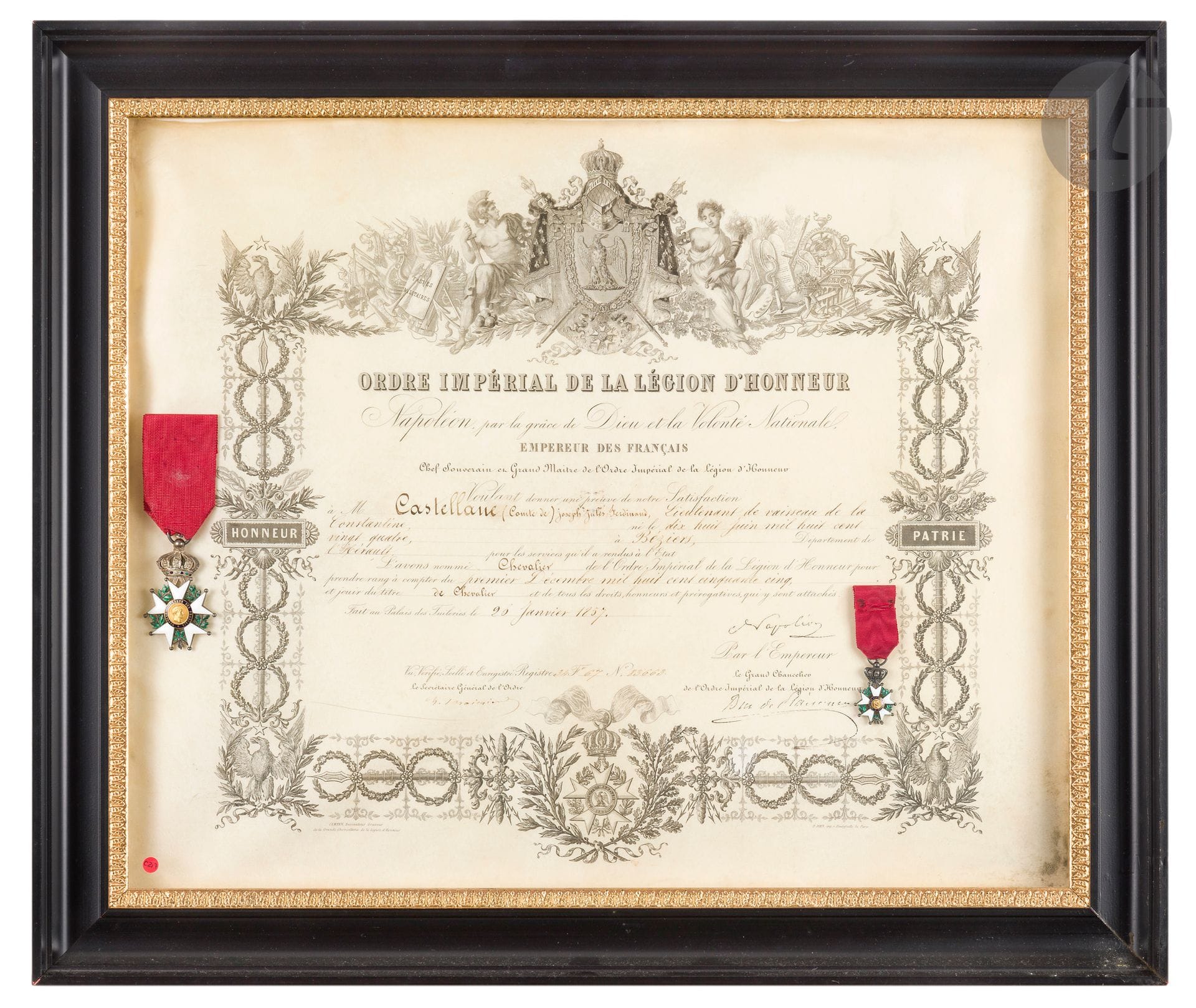 FRANCE 
ORDRE DE LA LÉGION D’HONNEUR 
Étoile de chevalier d’époque Second Empire 
Argent or et émail. Ruban. 
Présenté encadré sous verre avec une réduction et un brevet sur vélin au nom du comte Joseph Jules de Castellane, lieutenant de vaisseau de la Constantine, le 26 janvier 1857. 
Griffe de Napoléon III, du duc de Plaisance. 
A.B.E. 

Historique : 
Comte Joseph Jules Ferdinand de CASTELLANE de MAJASTRES (1824-1887)