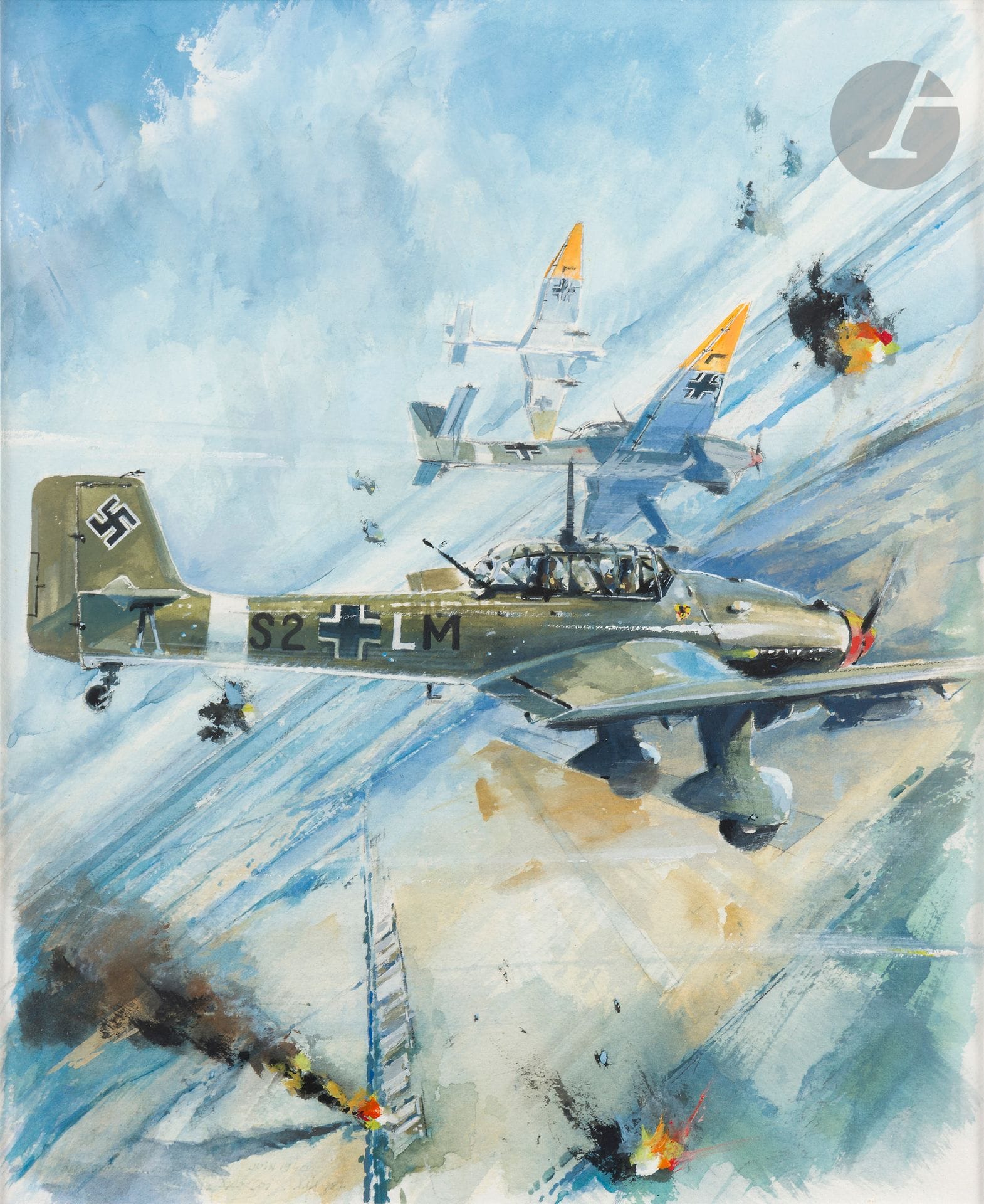 Francis DARTOIS (1934-2015)
Attaque de Junkers 87 « Stuka ». Juin 1940
Aquarelle et gouache signée et datée 1982.
Encadrée sous verre. 
36 x 29 cm 
B.E.