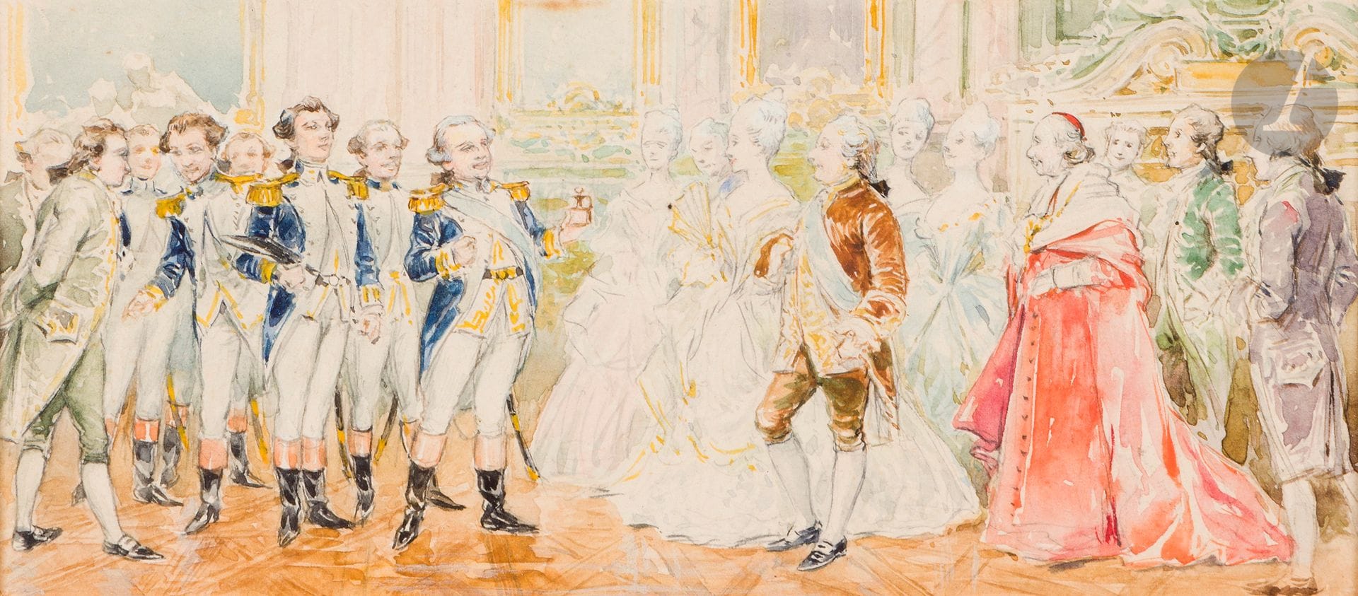 École française de la fin du XIXe siècle. 
Le Roi Louis XVI et la Reine Marie Antoinette recevant des officiers dont un décoré de l’ordre du Saint Esprit
Aquarelle. 
Encadré sous verre. 
7 x 17 cm