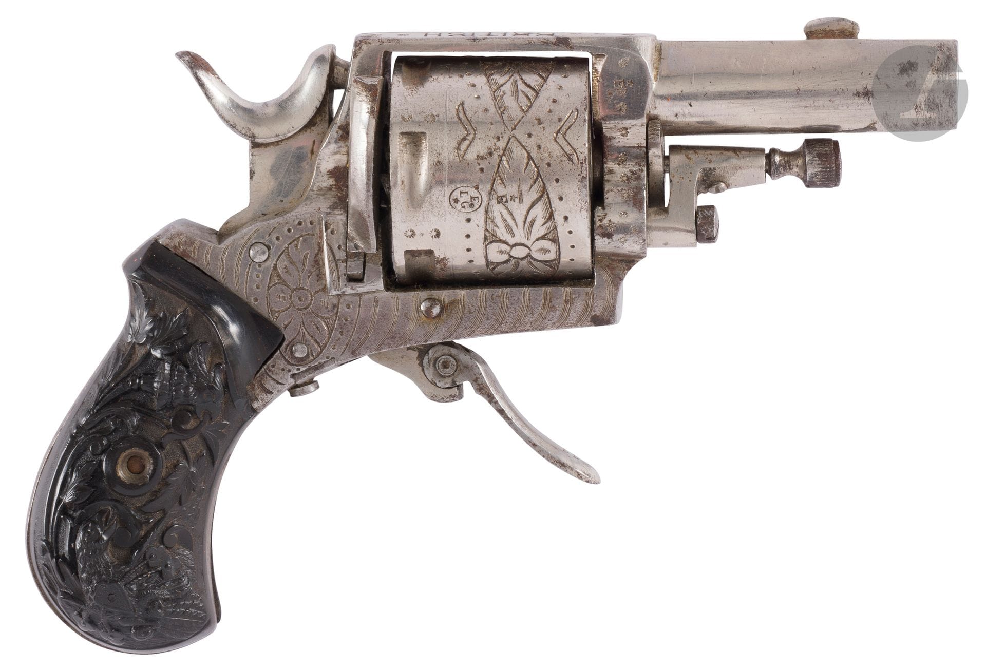 British Bulldog revolver, 6-shot, 320 caliber. 
Round barrel. Closed frame and engraved barrel. Folding trigger. Carved ebony stock plates.
A.B.E. Circa1880-1900.