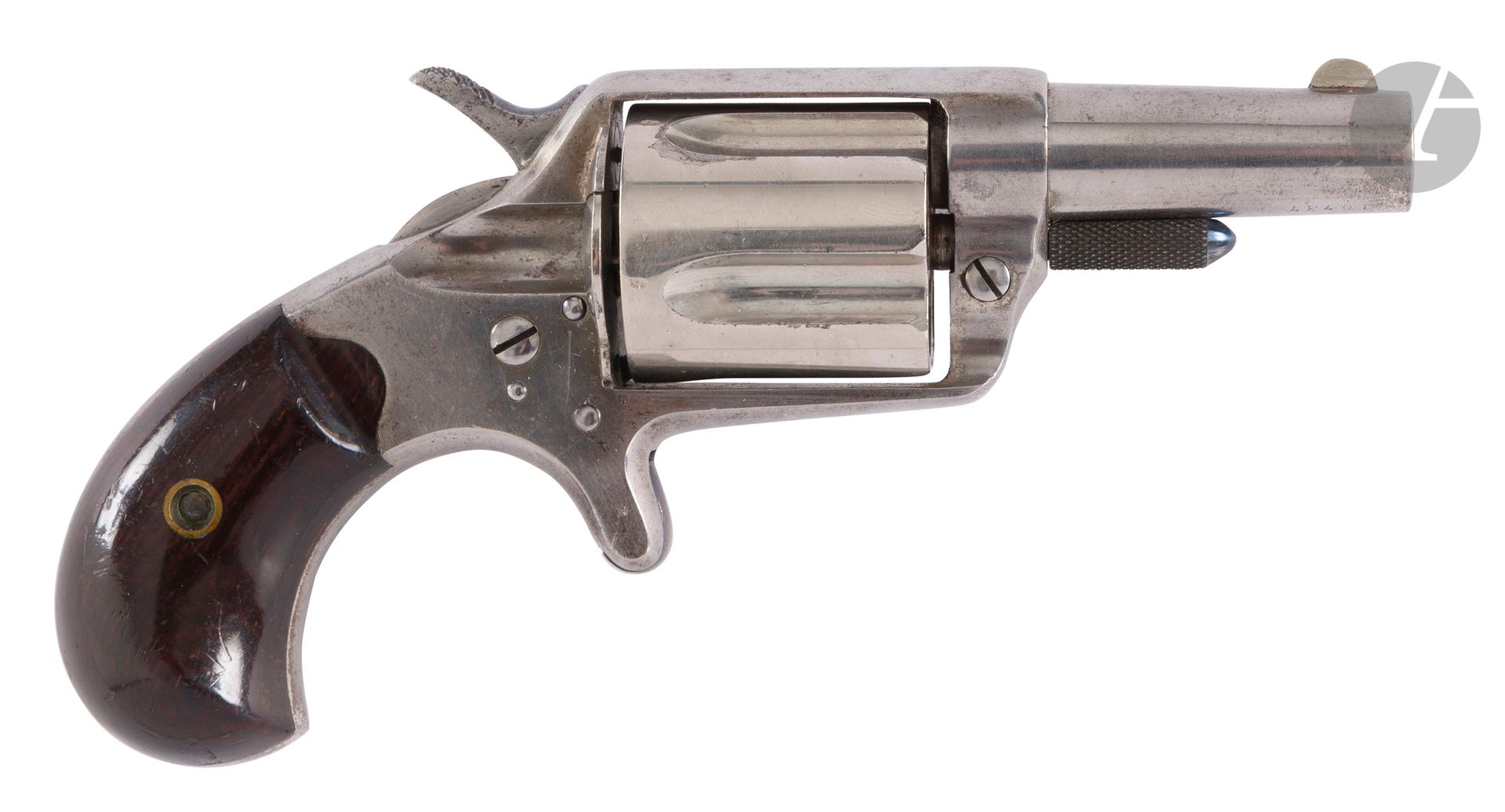 Colt new line revolver, 5-shot 38 caliber. 
Round barrel. Closed frame. Hollow barrel. Spur trigger. Varnished walnut stock plates.
B.E. Circa 1880.