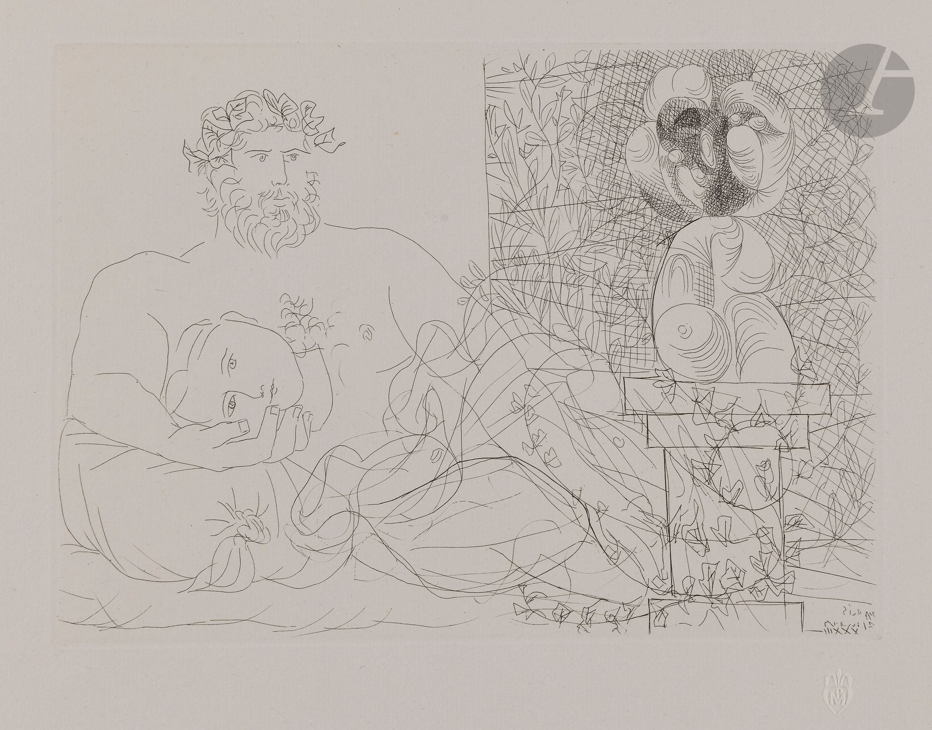 Pablo Picasso (1881-1973)
Le Repos du sculpteur et la sculpture surréaliste. (Suite Vollard, pl. 60). 31 mars 1933. Eau-forte. 267x194 [448x340]. Bloch 169; Baer 322 B d. Parfaite épreuve sur vergé de Montval filigrané «Picasso», du tirage à 260 épreuves à petites marges, non signée. Quelques infimes points gris dans le sujet, survenus au tirage. Toutes marges. Timbre sec: H.M.Petiet (Lugt 5462).