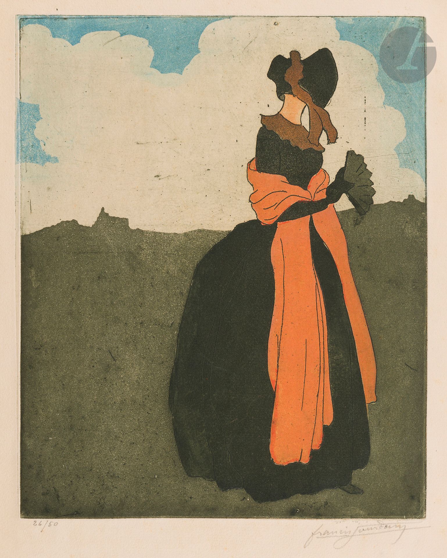Francis Jourdain (1876-1958)
Femme en capeline à l’éventail dans la campagne. Vers 1900. Eau-forte et aquatinte. 215x265. Impression en couleurs. Très belle épreuve sur vergé crème, numérotée et signée au crayon. Légère oxydation du feuillet. Menues salissures et petites taches rousses en marge inférieure. Toutes marges. Ch. Hessèle éd. (Lugt 554).