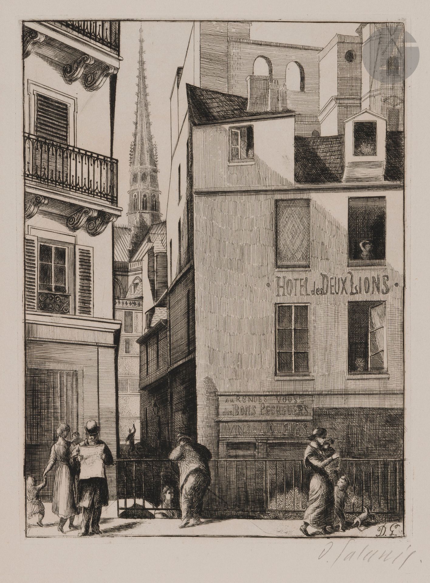 Demetrios Galanis (1879-1966)
Hôtel des deux Lions (rue des Ursins, île de la Cité). Vers 1930. Eau-forte. 180x240. Très belle épreuve sur vélin, signée au crayon. Léger empoussiérage aux bords du feuillet. Toutes marges.