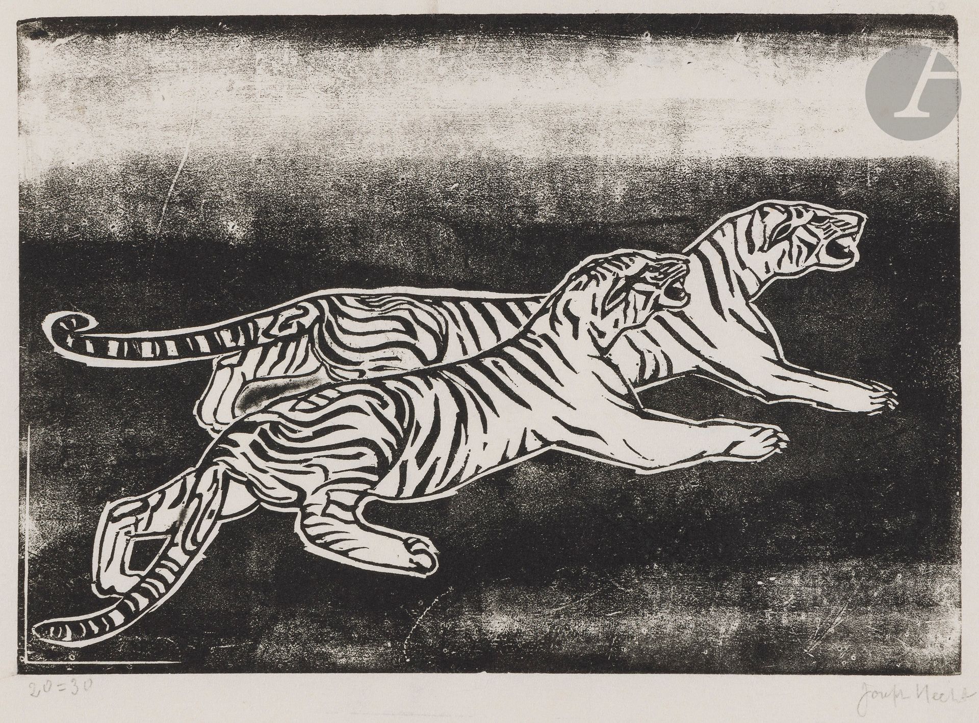 Joseph Hecht (1891-1951)
Two tigers. Circa 1920-1923. Woodcut. 292x195. Plumart and Tonneau-Ryckelynck 32. Fine proof on japon vergé, printed without champlevage, numbered and signed in pencil. Marginal soiling, traces of folds and various traces of glue. A short tear at the foot. Small inscriptions in pencil at the edges of the folio. Full margins. Edition announced at 30 proofs ("only a few proofs" according to Plumart and Tonneau-Ryckelynck).