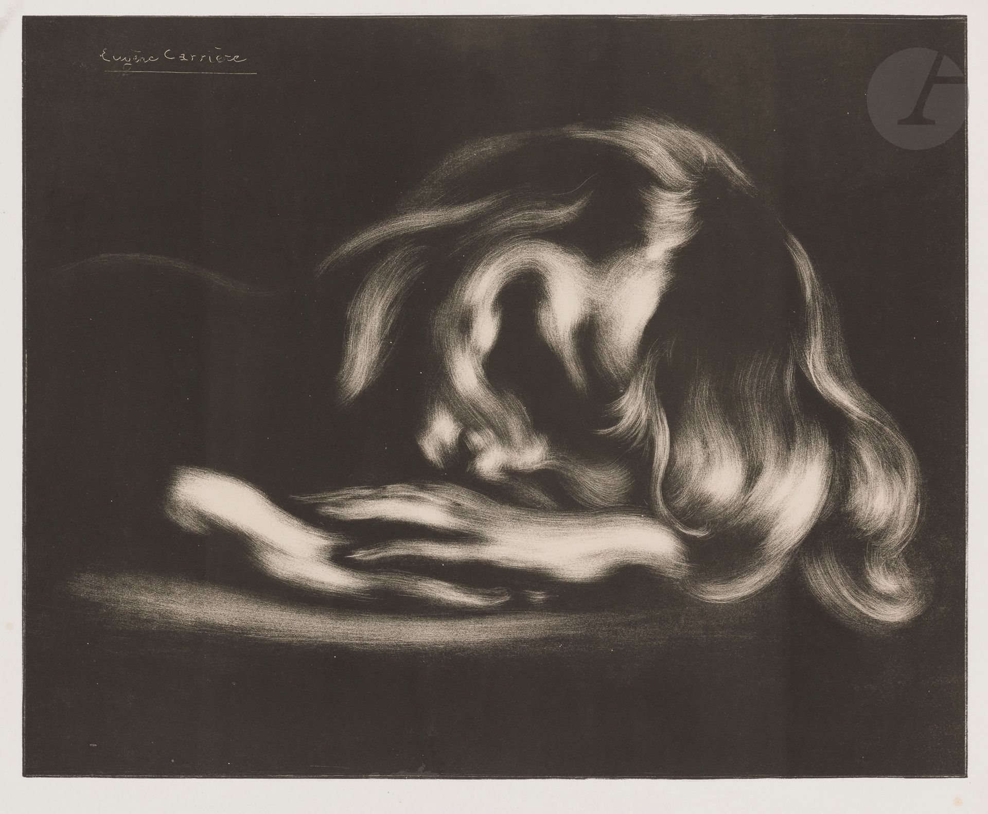 Eugène Carrière (1849-1906)
Le Sommeil (Jean-René Carrière). 1897. Lithographie. 337x425. Delteil 36 ; Johnson 21. Belle épreuve sur chine appliqué sur vélin blanc fort. Quelques minuscules points blancs (défauts d’encrage) dans le fond noir. Empoussiérage (plus marqué au verso), rousseurs claires, une courte déchirure et un petit enfoncement aux bords du feuillet. Toutes marges. Tirage à 100 épreuves. A. Vollard éditeur.