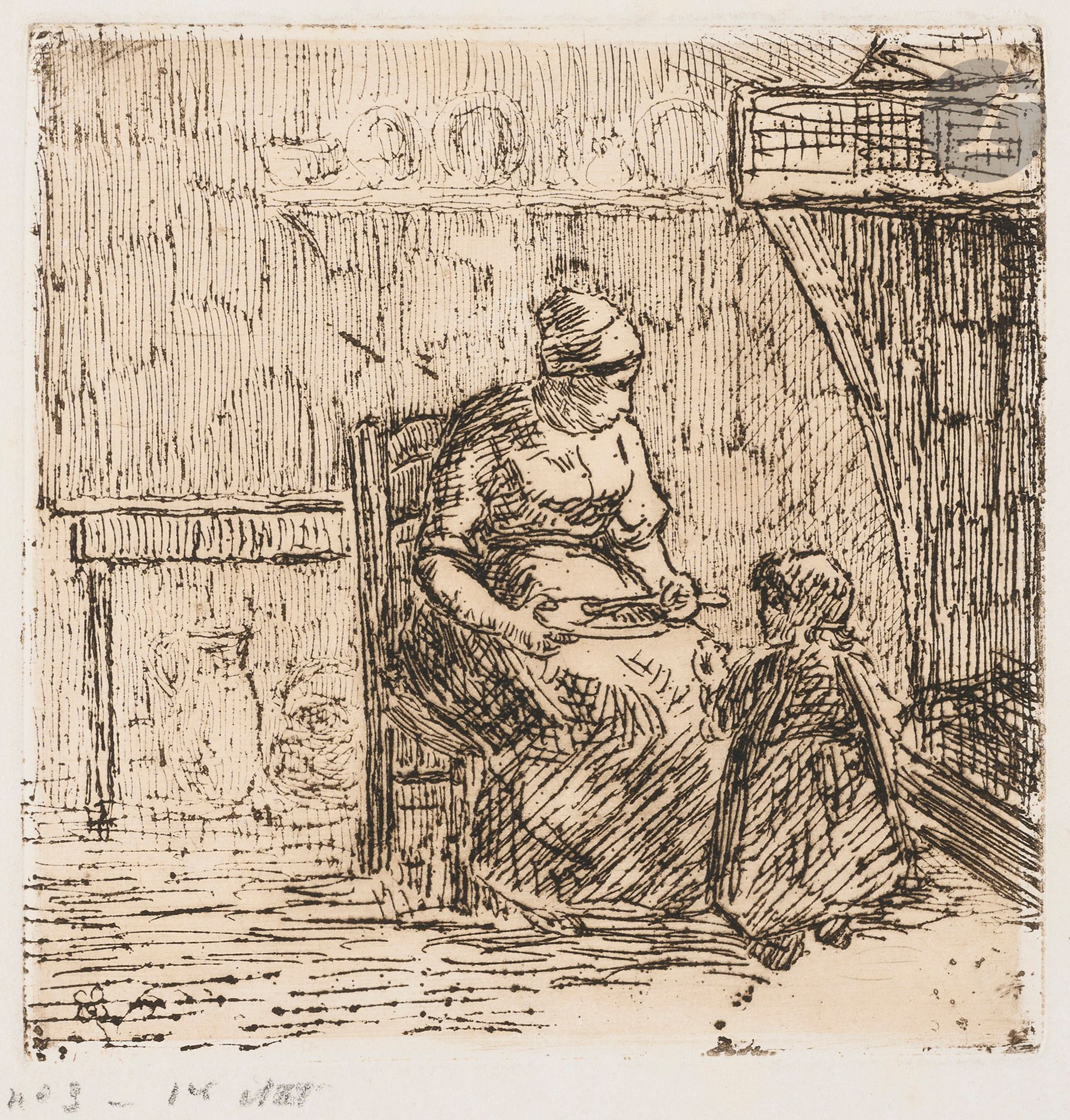 Camille Pissarro (1830-1903)
Paysanne donnant à manger à un enfant.1874. Eau-forte sur zinc. 118x120. Delteil 12. Très belle épreuve tirée en noir bistré sur vélin blanc, du 1erétat (sur 4), à l’eau-forte pure, avant le grain d’aquatinte, annotée au crayon: «n° 3 – 1erétat/paysanne donner a manger/à un Enfant Zinc». Petit enfoncement et trou en marge supérieure à gauche, habilement restaurés au verso, et petite déchirure restaurée au verso en tête. Toutes marges. Tirage à 8 ou 9 épreuves de cet état. Tirage total à environ 15 épreuves du vivant de l’artiste, puis à 12 épreuves posthumes.