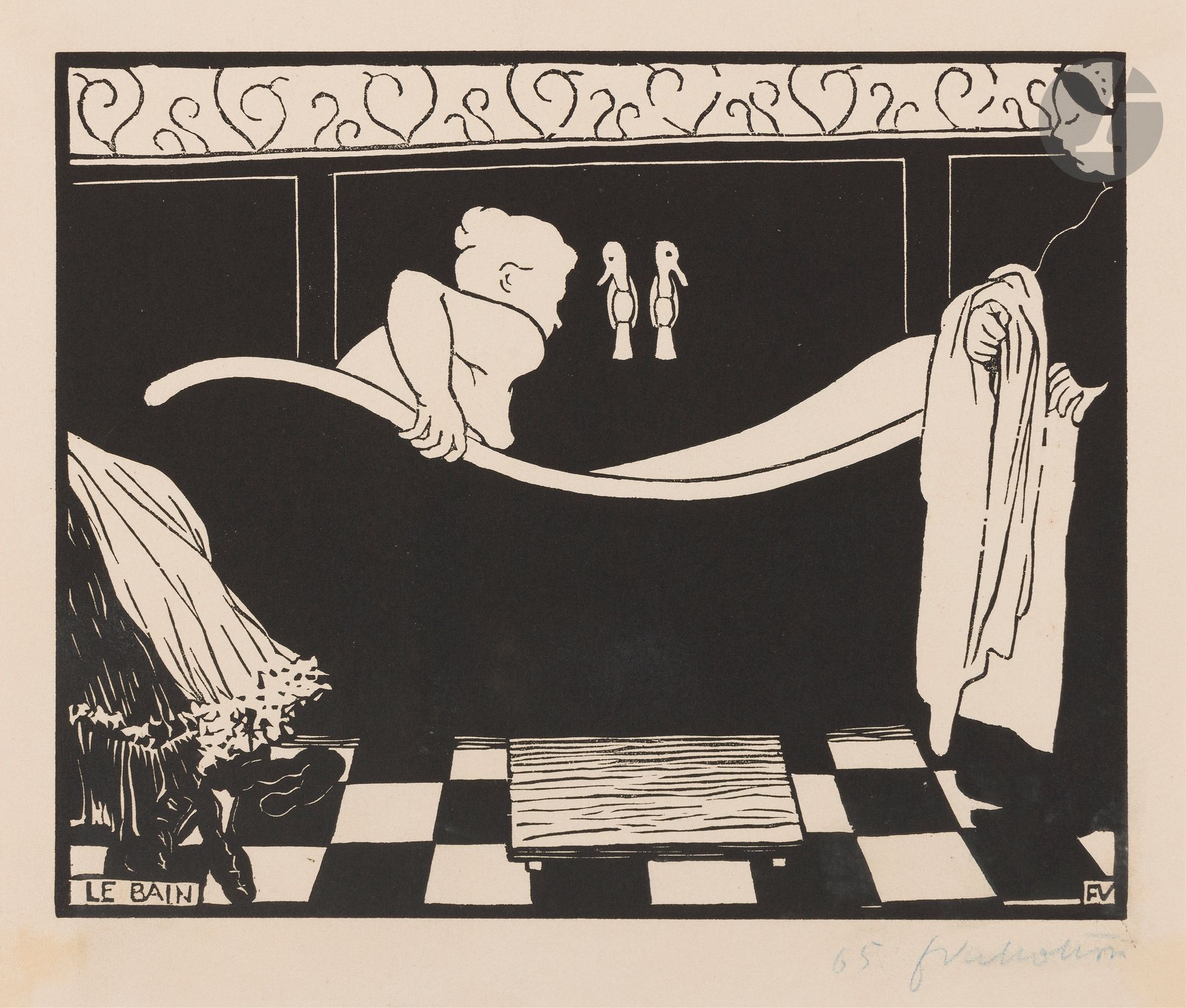 Félix Vallotton (1865-1925)
Le Bain. 1894. Bois gravé. 225x180 [254x215]. Vallotton et Goerg 148 a. Très belle et fraîche épreuve sur vélin crème, numérotée «65» et signée au crayon bleu, sans le support de vélin jaune moutarde de l’édition portant le timbre sec (Lugt 819). Légères traces de colle oxydées dans les angles au verso, perceptibles au recto. Toutes marges. Tirage à 100 épreuves. Édition de L’Estampe originale.