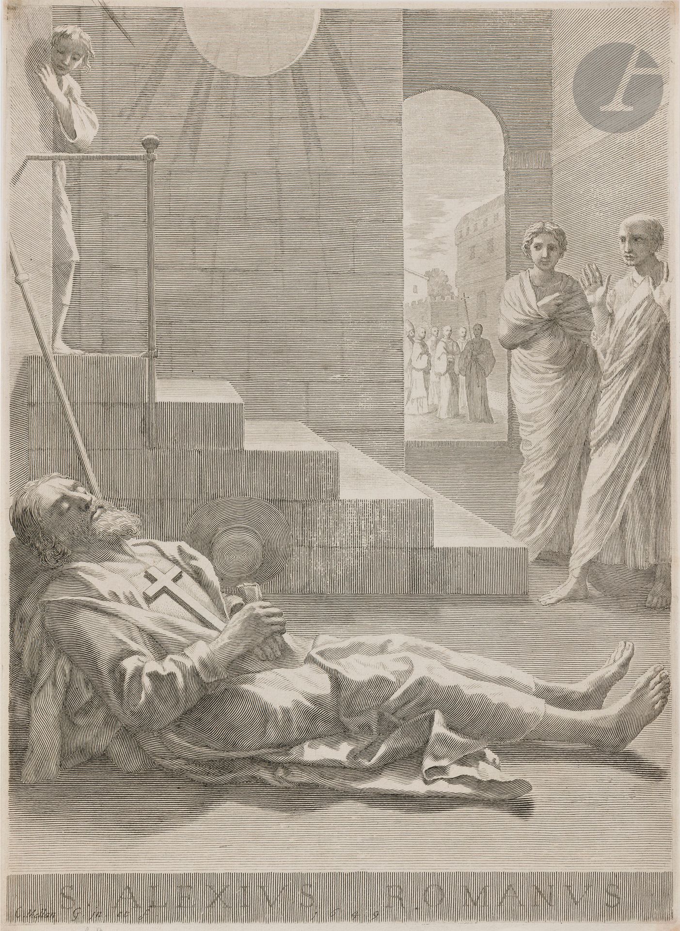 Claude Mellan (1598-1688)
Saint Alexis, étendu au pied des escaliers… 1649. Burin. 315x430. Préaud 55. Très belle épreuve sur vergé mince (filigrane: armoiries et contremarque – grappe avec lettres), du 1er état (sur 2), avant le privilège. Légères traces de plis aux bords du feuillet. Traces de colle dans les angles au verso. Marges étroites. Ex-coll. E. Levy (Lugt 876).