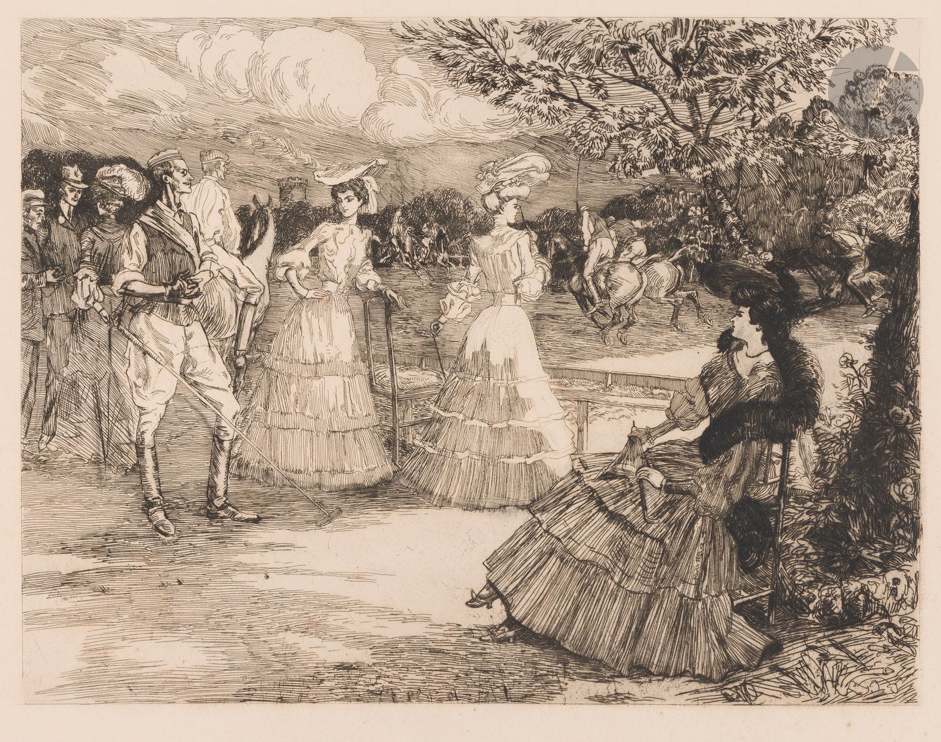 Pierre-Georges Jeanniot (1848-1934)
Spectateurs au polo.1905. Eau-forte. 525x400. I.F.F. 52. Belle épreuve sur vergé ivoire, du 1erétat (sur 3), avant reprises dans la femme assise, le cheval et les personnages à l’arrière-plan, légèrement oxydée. Quelques rousseurs éparses. Toutes marges. Timbre sec: Société des Amis de l’Eau-forte (Lugt 113).