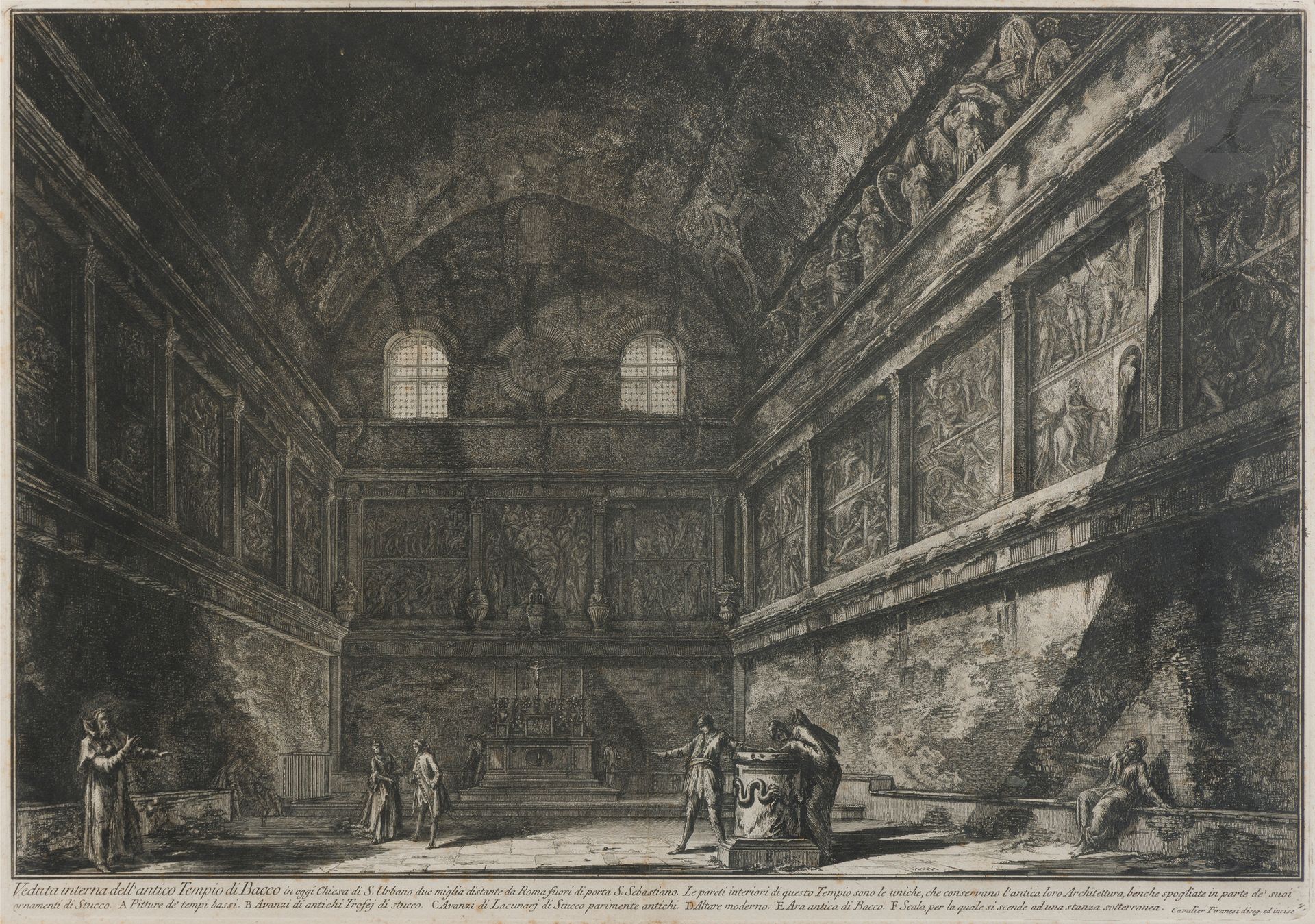 Giambattista Piranesi (1720-1778)
Veduta interna dell’ antico Tempio di Bacco in oggi Chiesa di S. Urbano… (Vue intérieure du temple de Bacchus, aujourd’hui église Saint-Urbain). 1758. Eau-forte et burin. 605x420. Hind 81 (ii/iv). Belle épreuve sur vergé, avant les numéros. Pli vertical médian normal. Rousseurs claires. Marges. 1er tirage parisien. Cadre.