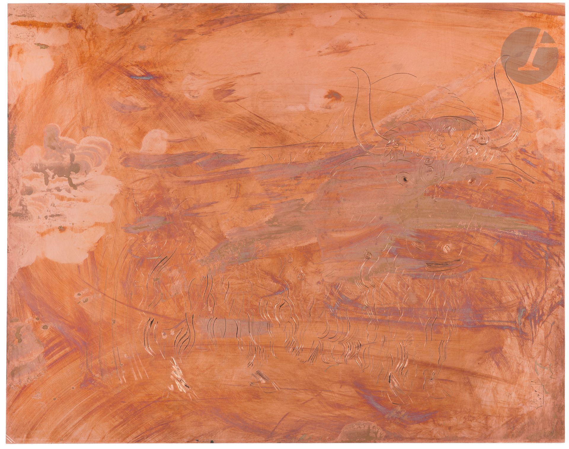Joseph Hecht (1891-1951)
Yak. 1947. Burin-engraved copper. 380x330, Plumart et Tonneau-Ryckelynck 355. With fish coat of arms as signature in lower right corner. Two burin strokes in the lower left-hand corner.