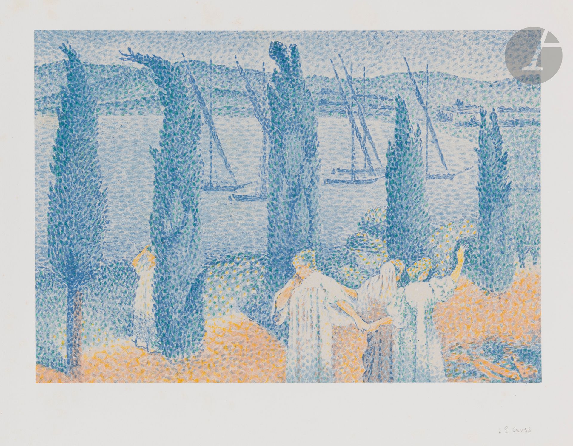 Henri-Edmond Cross (1856-1910)
La Promenade, ou Les Cyprès. 1897. Lithographie. 410x285. Johnson 27. Impression en couleurs. Très belle épreuve sur chine appliqué sur vélin fort, signée et numérotée au crayon. Quelques larges et très claires rousseurs marginales. Une petite auréole claire d’humidité dans l’angle inférieur gauche. Toutes marges. Tirage à 100 épreuves pour l’Album d’estampes originales de la Galerie Vollard.