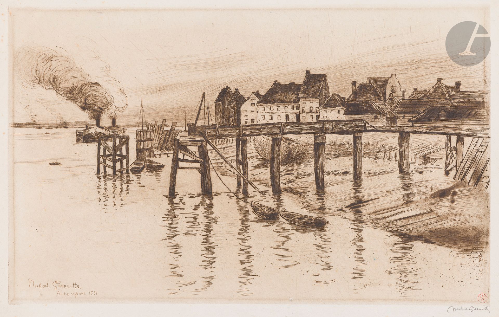 Norbert Goeneutte(1854-1894)
The Head of Flanders in Antwerp.1891. Etching. 424x260. Duvivier 127. Very fine proof printed in brown on laid paper, signed in pencil and stamped (Lugt 1182). Slight dusting and traces of folding. Some rare foxing. Full margins.