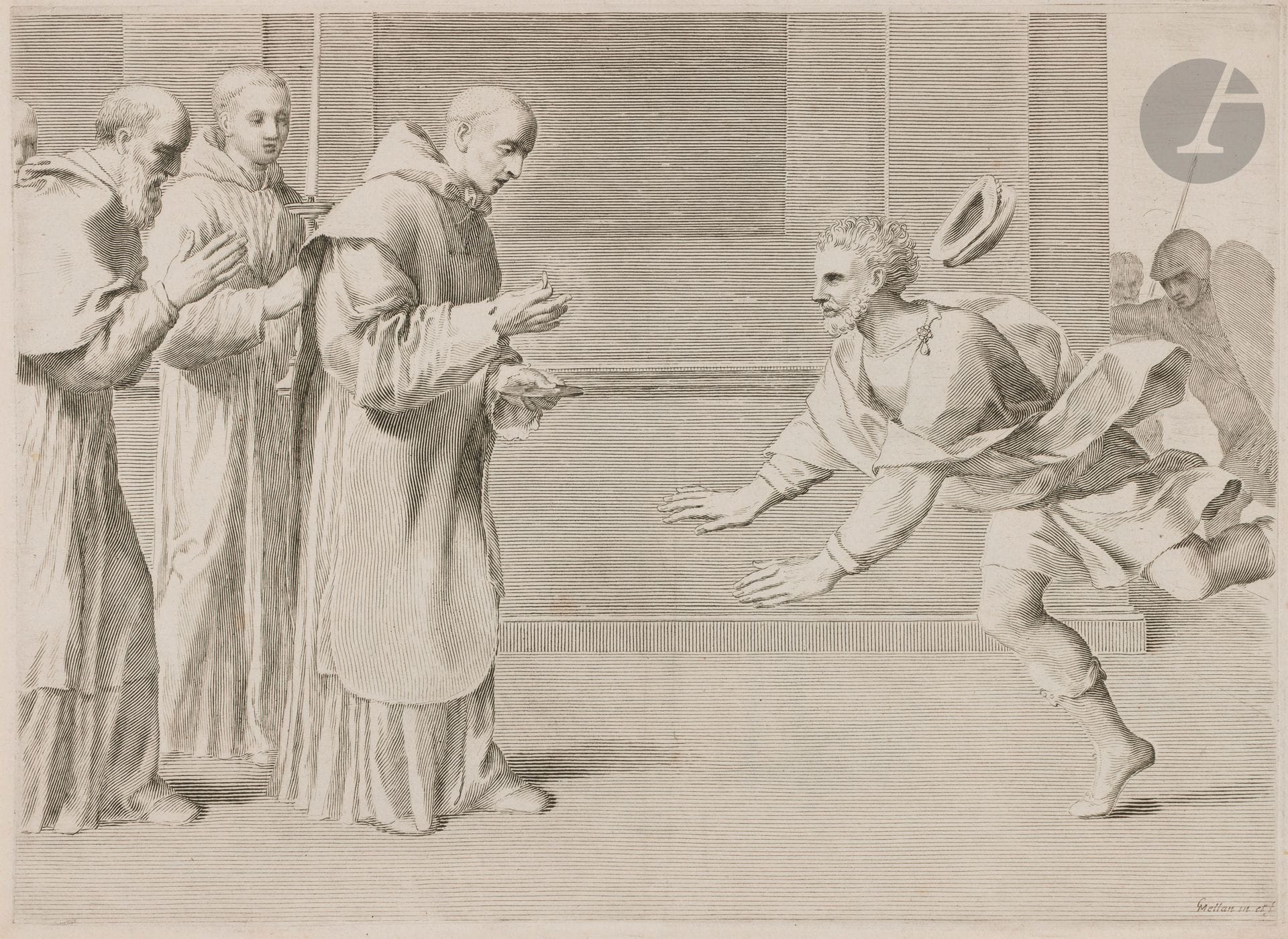 Claude Mellan (1598-1688)
La Vie de saint Bernard. (3 pl. sur 4). Burin. Chaque 340x245. Préaud 61, 62 et 64. Très belles épreuves sur vergé mince (filigranes: trois boules dans un cercle de laurier; cor de chasse). Traces de colle et petites épidermures aux bords du feuillet. Petites marges. Ex-coll. E. Levy (Lugt 876).