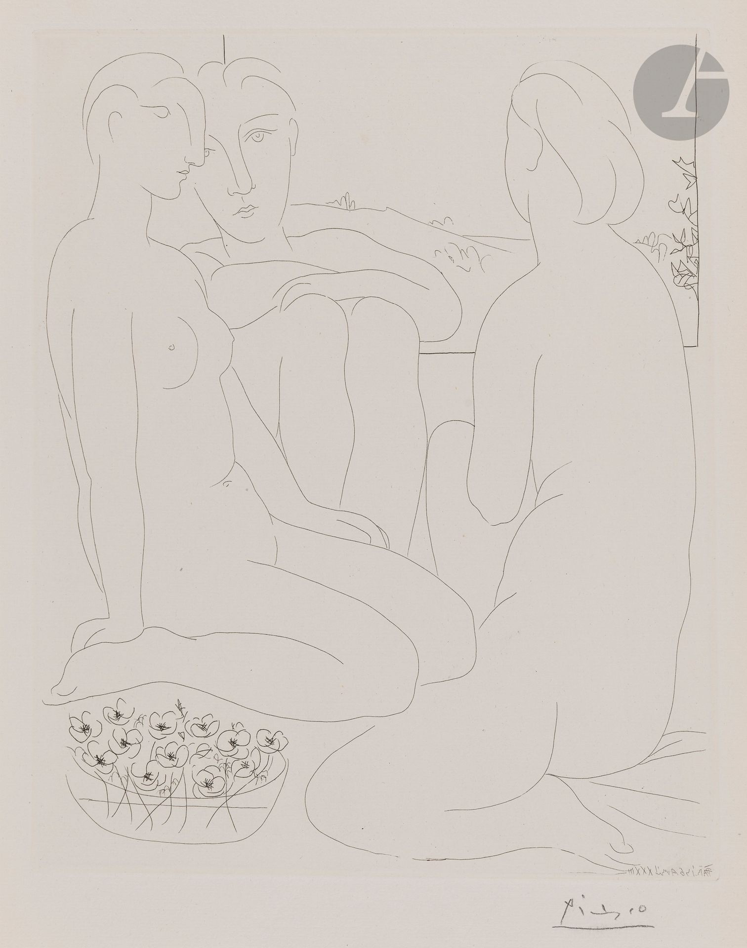 Pablo Picasso (1881-1973)
Three Nude Women by a Window (Suite Vollard, pl. 67). April 6, 1933. Etching. 298x367 [335x445]. Bloch 176; Baer 329 B d. Perfect proof on Montval laid paper watermarked "Picasso", from an edition of 260 proofs with small margins, signed in pencil. A few tiny gray spots on the women's bodies, especially on the left one (inherent to the paper's texture). All margins.