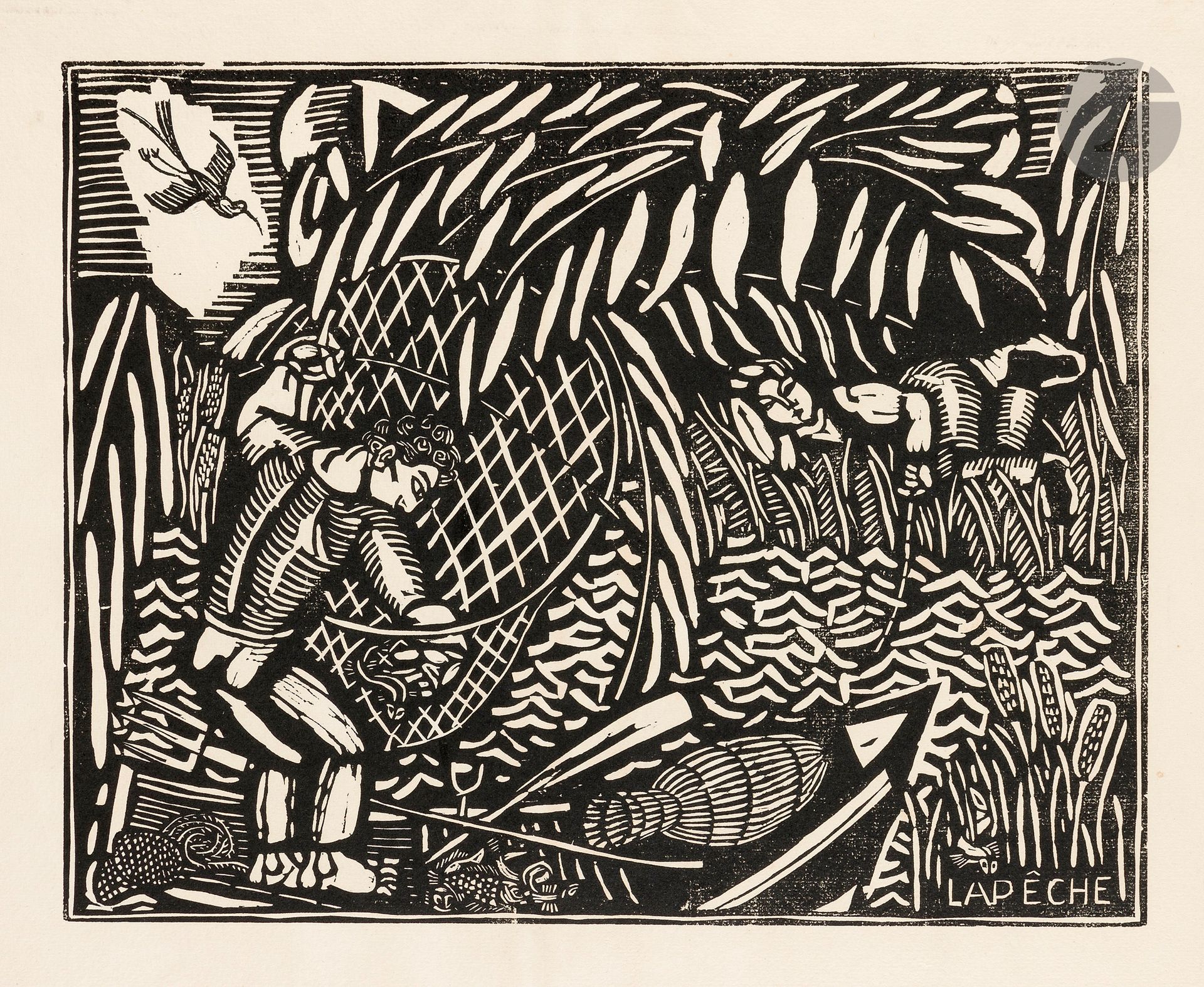 Raoul Dufy (1877-1953)
La Pêche. 1910-1911. Bois gravé. 400x320. Pernoud, L’Estampe des Fauves, p. 88. Très belle épreuve sur vergé ivoire filigrané «richard de bas», d’un tirage effectué après 1953, non signée. Traces claires d’empoussiérage et d’oxydation, petites salissures aux bords du feuillet. Toutes marges.