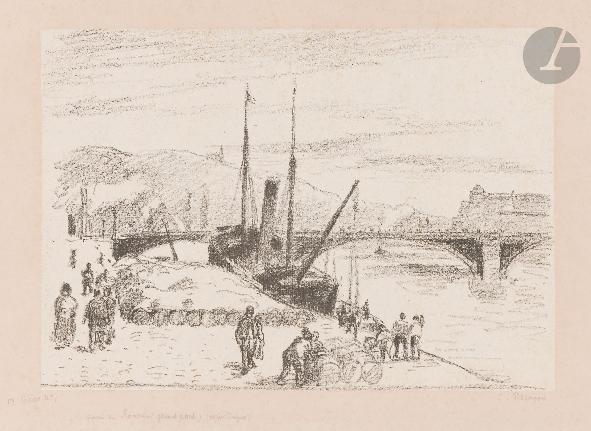 Camille Pissarro (1830-1903)
Quai de Rouen (grand pont). 1896. Zincographie. 302x210. Delteil 172. Belle épreuve sur vergé ingres blanc mince appliqué, annotée au crayon «1er Ep. d’état n° 1», puis «quai de Rouen (grand pont) (papier Ingres)» et signée au crayon. Rousseurs claires éparses. Petites auréoles claires d’humidité, courts plis de manipulation et petits accrocs aux bords du feuillet. Déchirure de 25 mm en pied. Toutes marges. Très rare: tirage à 7 épreuves du vivant de l’artiste dont seulement les 5 premières signées, puis à 12 épreuves posthumes.