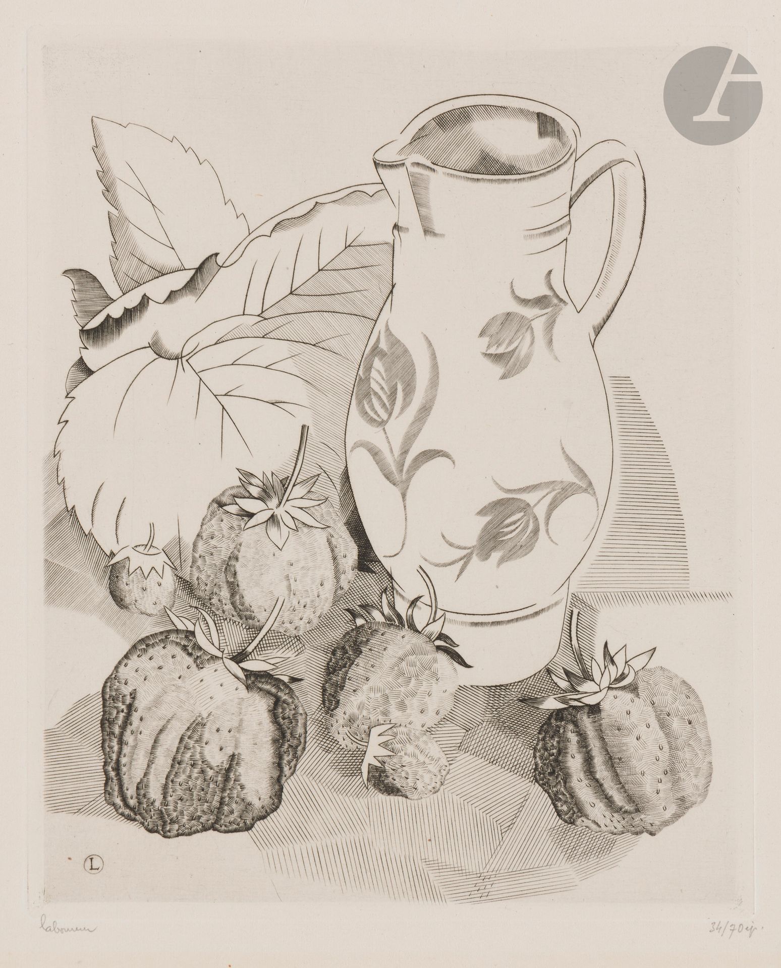 Jean-Émile Laboureur (1877-1943)
Les Fraises. 1924. Burin. 158x196. Laboureur 286. Réunion de 3 épreuves sur différents papiers, des 1er, 2e et 3e états (sur 3), signées et numérotées au crayon. Légère trace d’oxydation à la dernière (avec timbre de douane au verso). Toutes marges. Tirage total à 92 épreuves.