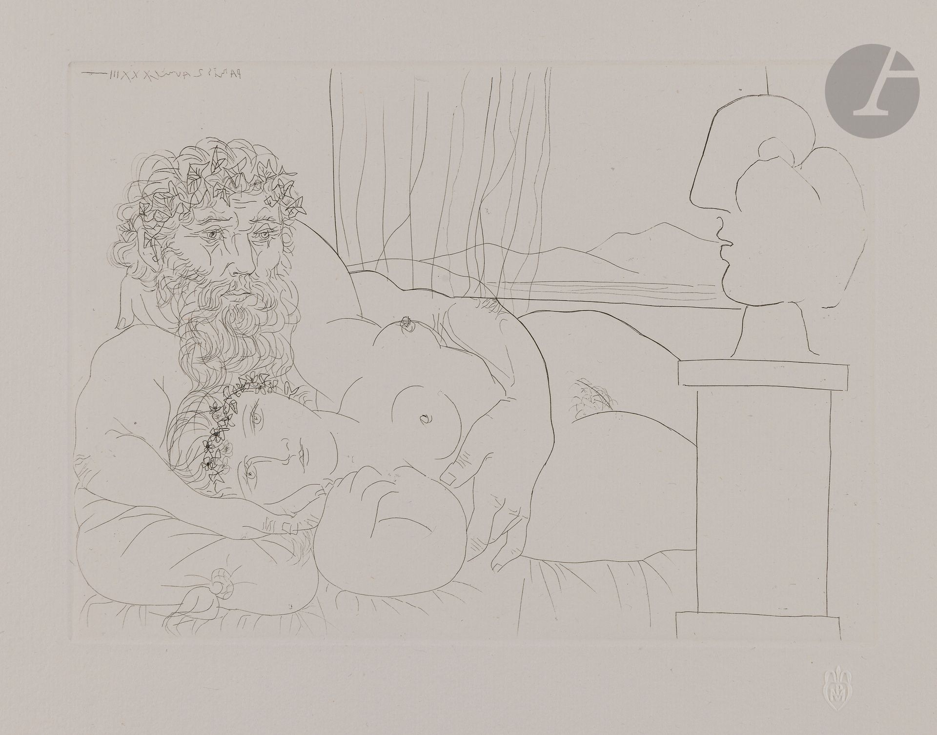 Pablo Picasso (1881-1973)
Le Repos du sculpteur. (Suite Vollard, pl. 62). 2 avril 1933. Eau-forte. 268x193 [445x338]. Bloch 171; Baer 324 B d. Parfaite épreuve sur vergé de Montval filigrané «Vollard», du tirage à 260 épreuves à petites marges, non signée. Quelques infimes points gris dans le sujet, survenus au tirage. Toutes marges. Timbre sec: H.M.Petiet (Lugt 5462).
