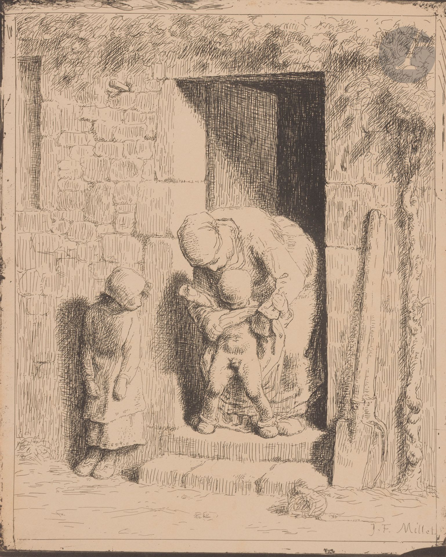 Jean-François Millet (1814-1875)
La Précaution maternelle. 1862. Cliché-verre. 239x304. Delteil 27. Très belle épreuve tirée en noir bistré sur vélin mince chamois, essai antérieur au tirage pour Quarante clichés-glace de Corot, Daubigny, Delacroix, Millet, Rousseau tirés sur les plaques provenant de la Collection de M. Cuvelier, à Paris chez Maurice Le Garrec, 1921.