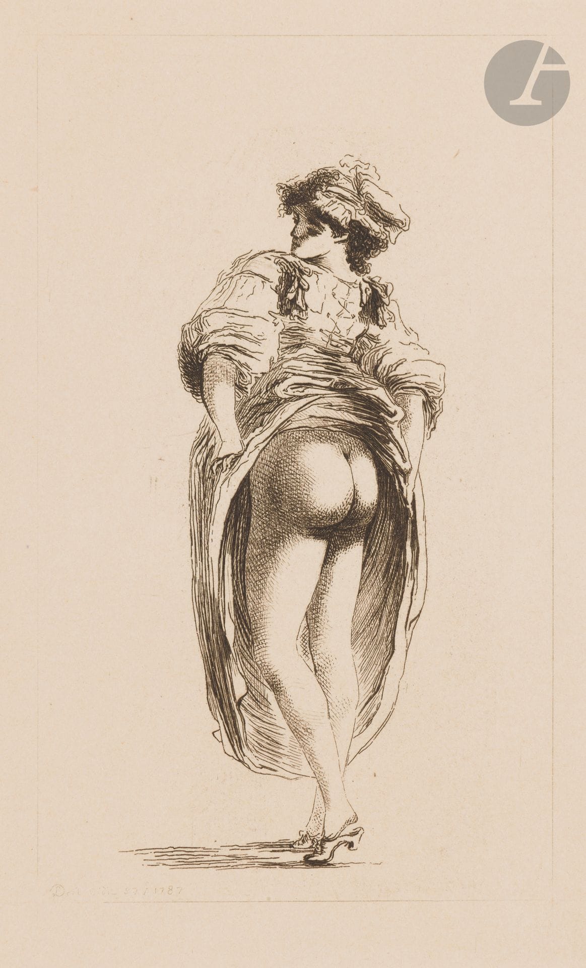 Vivant-Denon
(Dominique-Vivant, baron Denon, dit) (1747-1825)
Les Priapées. 1793. (Pl. pour L’œuvre originale de Vivant Denon (…) par M. Albert de la Fizelière. Paris, A.Barraud éditeur, 1873). Eau-forte. Chaque [285x385]. Belles épreuves sur vélin ivoire (sans la page de titre). Accidents, empoussiérage et fortes salissures à quelques pl. (hors du sujet). Toutes marges. Ens. 31p. 

L’œuvre priapique de Vivant-Denon, recueil de 23 sujets érotiques gravés par le jeune Vivant-Denon, parut à Paris à la fin de l’année 1793. On y trouve des sujets d’invention combinés à des monnaies antiques ou à des fresques d’Herculanum.L’ouvrage est très vite en butte aux foudres de la censure du Comité de Salut public et n’est jamais mis en vente. On ne connaît aucun exemplaire de cet ancien tirage. Ce n’est qu’à la fin du XIXe siècle que, les cuivres ayant été acquis par le libraire-éditeur Barraud, une édition de l’œuvre gravé complet de Vivant-Denon (317 pl.) est réalisée. À la série des 23 planches initiales des Priapées, Barraud rajoute 8 planches supplémentaires inédites. Le tirage est de 100 exemplaires.