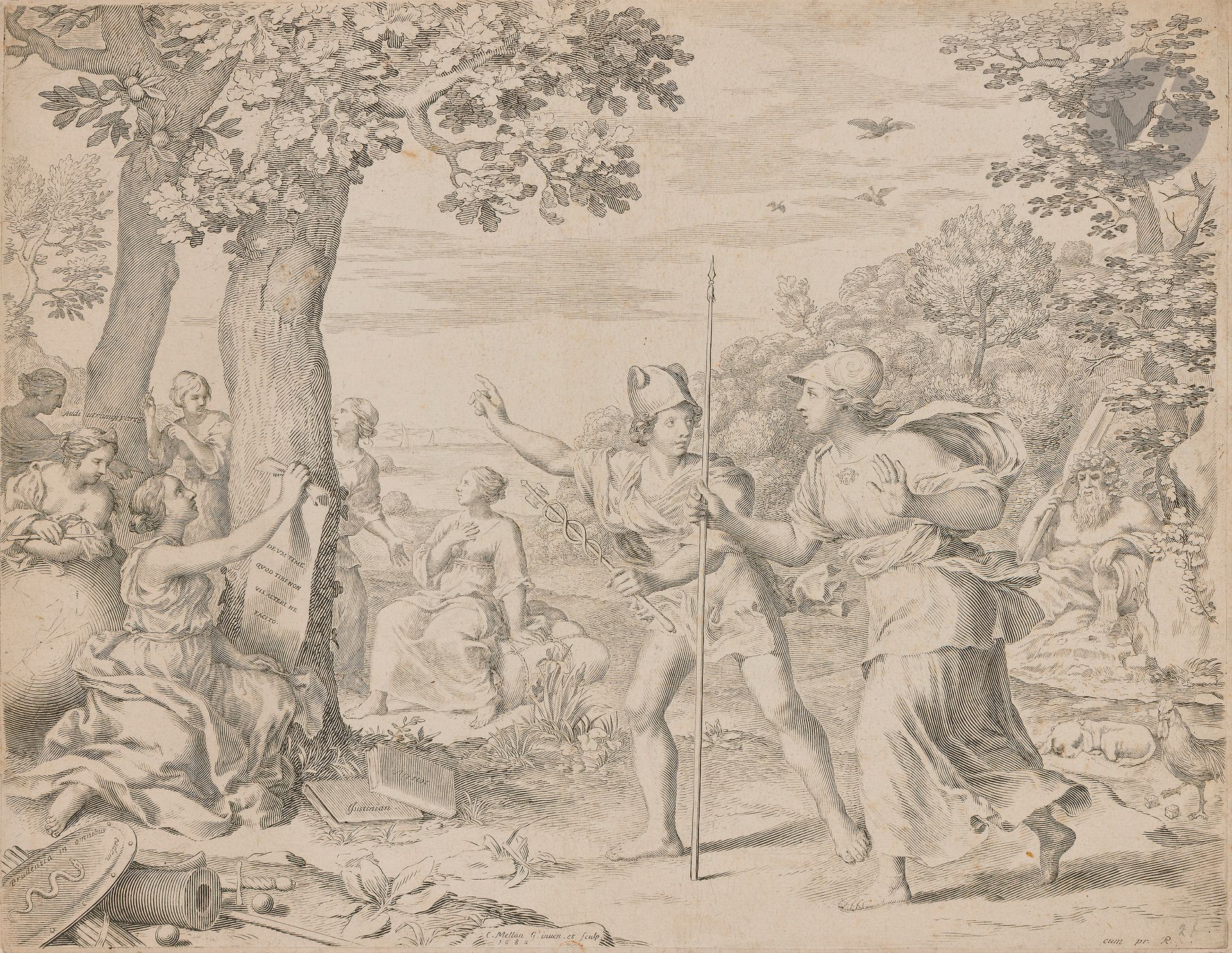 Claude Mellan (1598-1688)
Allégorie sur le Bon Gouvernement de la France (Mercure et Minerve). 1685. Burin. 360x277. Préaud 252. Très belle épreuve sur vergé fort ivoire (filigrane partiel: grappe dans un double cercle avec lettres), du 4e état (sur 6), avant l’adresse de Gailliard, légèrement oxydée, avec quelques rousseurs claires, les fleurs de lys grattées et effacées sur le tronc de l’arbre. Pli de séchage vertical médian perceptible au verso. Infime arrachement dans l’angle inférieur gauche. Petite trace de punaise au centre en pied sous les mentions gravées. Une petite tache de colle sous le pied droit de Minerve. Traces de colle aux bords du feuillet au verso. Marges étroites.
