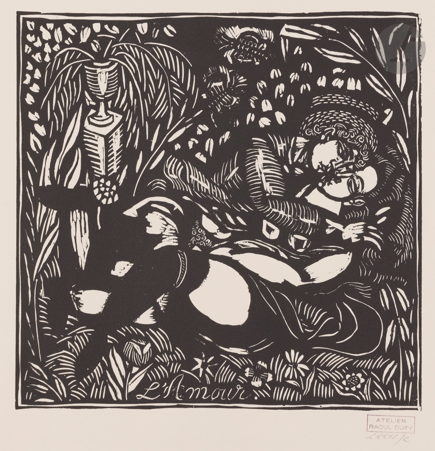 Raoul Dufy (1877-1953)
L’Amour. 1910-1911. Bois gravé. 310x305. Pernoud, L’Estampe des Fauves, p. 88. Parfaite épreuve sur vélin fort ivoire, d’un tirage posthume effectué après 1953, numérotée au crayon en chiffres romains et revêtue du timbre de l’atelier (Lugt 702f). Toutes marges. Tirage à 100 épreuves.