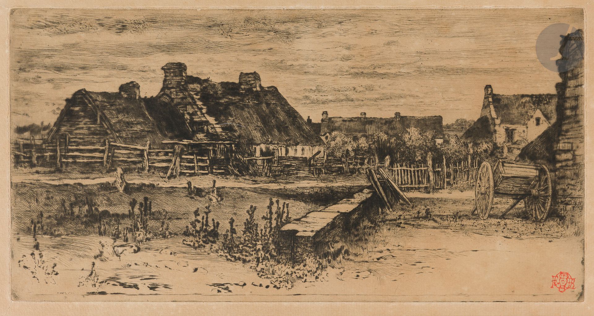 Félix Buhot (1847-1898)
Les Grandes chaumières. 1881. Drypoint and etching. 272x140, Bourcard-Goodfriend 150. Good proof on cream laid paper, stamped (Lugt 977), oxidized. The board cut slightly fractured, with small fractures starting from the copper corners. Margins. Framed.