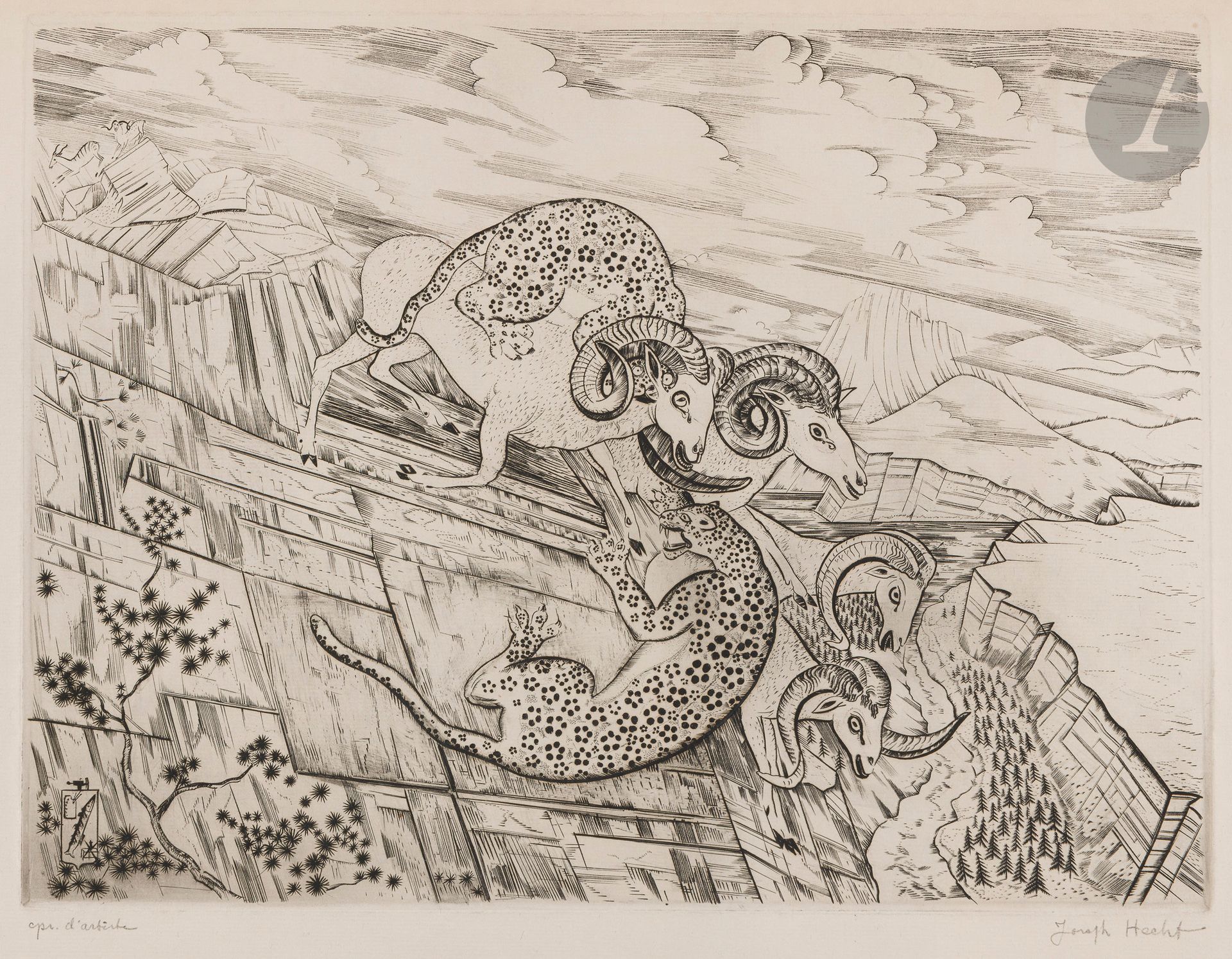 Joseph Hecht (1891-1951)
On the Himalayas. 1934-1935. Burin. 393x300, Plumart et Tonneau-Ryckelynck 256. Fine proof on laid paper, annotated "epr. d'artiste" and signed in pencil. Small hole in the sky on the right. Dusting, oxidation, folds and short tears at head and foot edges. Full margins. A few proofs before the print run for the Chalcographie du Louvre.