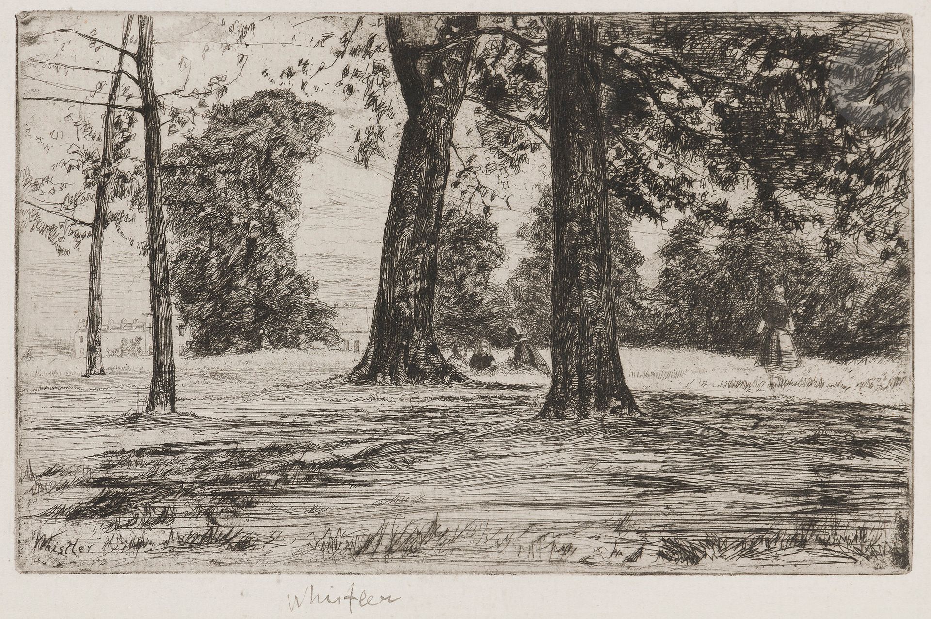 James Abbot McNeill Whistler (1834-1903)
Greenwich Park. 1859. Eau-forte et pointe sèche. 201x126. Kennedy 35; Glasgow 41. Très belle épreuve sur vergé ancien azuré. Annotations à la plume et à l’encre en marge inférieure: «Whistler/eau forte». Toutes marges. Rare (38 épreuves connues).

Ce sujet, parfois appelé à tort Kensington Gardens, est l’un des rares paysages purs gravés par l’artiste. Il est le fruit d’une randonnée faite en compagnie de son beau-frère Seymour Haden dans le but de dessiner sur le motif.