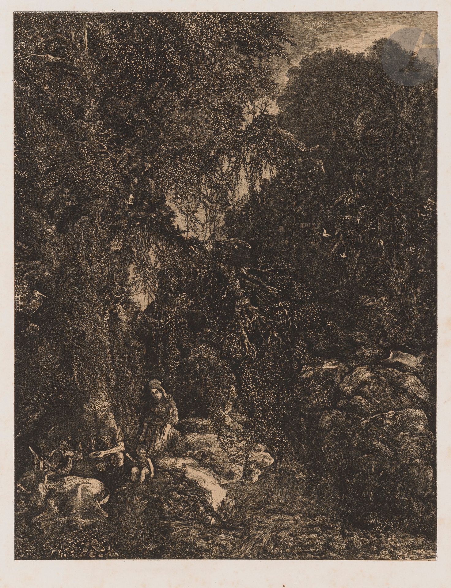 Rodolphe Bresdin (1822-1875)
La Sainte Famille aux cerfs. 1871. Report sur pierre de l’eau-forte. 200x263. Van Gelder 137. Très belle épreuve sur bulle chamois appliqué, du 1er état (sur 2), avant effaçage de la signature en haut à droite et avant de nouveaux travaux. Innombrables rousseurs claires, quelques infimes points d’encre et quelques plis cassés sur le support. Traces filiformes de frottement obliques en surface, visibles à jour rasant. Toutes marges. Rare. Ex-coll. H.M.Petiet (Lugt 5031).