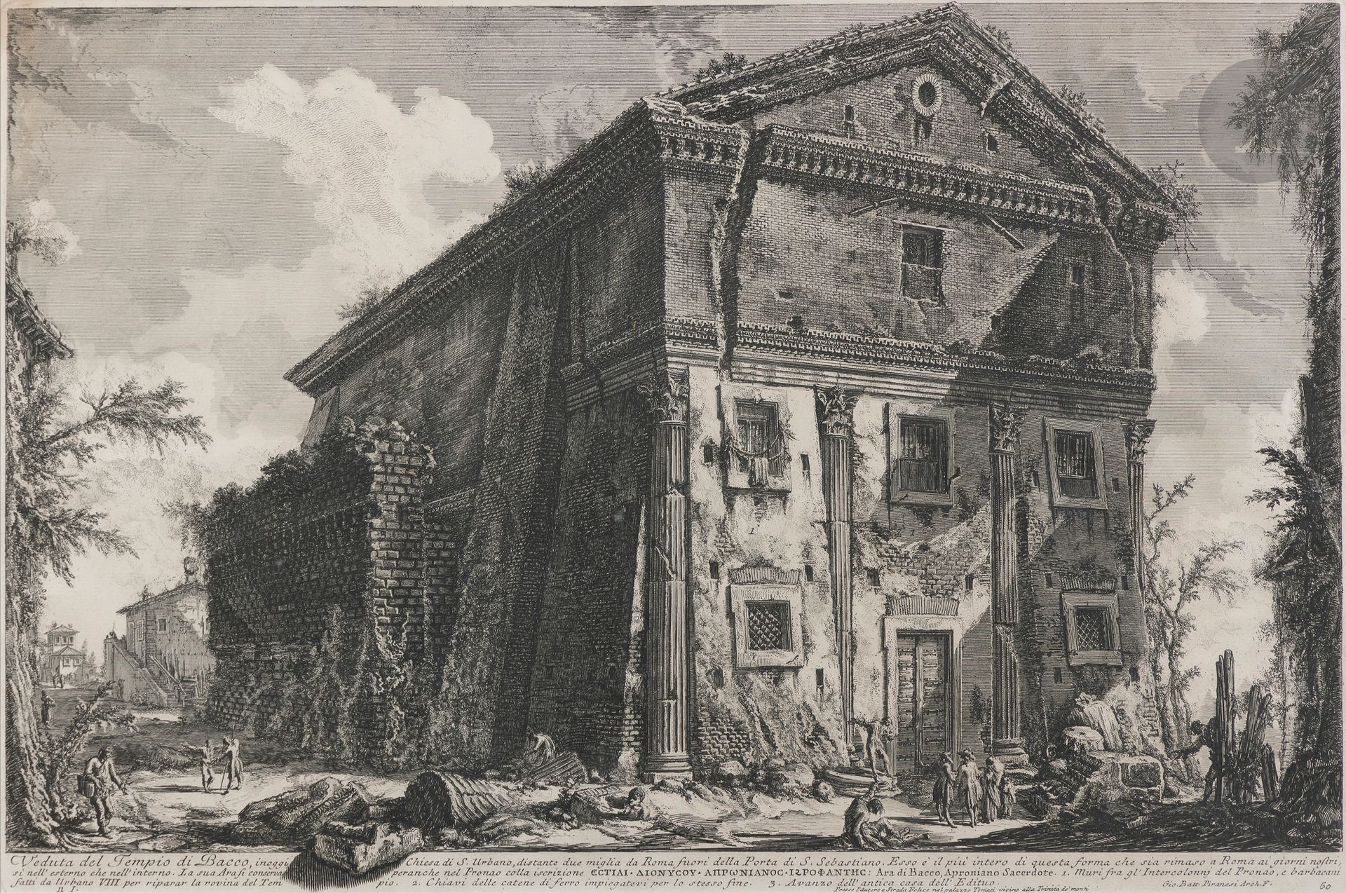 Giambattista Piranesi (1720-1778)
Veduta del Tempio di Bacco inoggi Chiesa di S. Urbano... (View of the Temple of Bacchus, today the Church of Saint-Urbain). 1758. Etching and burin. 605x420. Hind 48 (iv/v). Fine proof on laid paper, with numbers. Vertical ripples (due to framing). Margins. 1st Paris edition. Framed. Joint: Giovanni Volpato (1735-1803). Veduta del Tempio della Pace di S. Francesca Romana (Pl. for Vedute delle quattro principali Basiliche e Monumenti di Roma nel XVIII secolo, 1774). Engraved after Panini. Sight: 675x465. Good proof on laid paper, darkened. Normal median vertical fold. Freckles, stains, 40 mm tear penetrating into the subject on the left, and small tears in the lower corners. Margins.frame. Ens. 2 p.