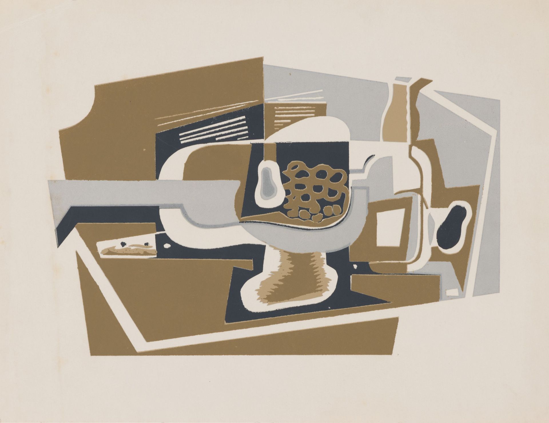 Juan Gris (1887-1927)
Nature morte. 1922. Pochoir en couleurs. [308x234]. Très belle épreuve sur vélin glacé ivoire. Court pli cassé dans l’angle supérieur gauche. Fine bande rousse oblique le long de la marge gauche. Toutes marges.

Planche offerte en prime à ses abonnés par la revue L’Esprit Nouveau à l’occasion du Nouvel An 1923.