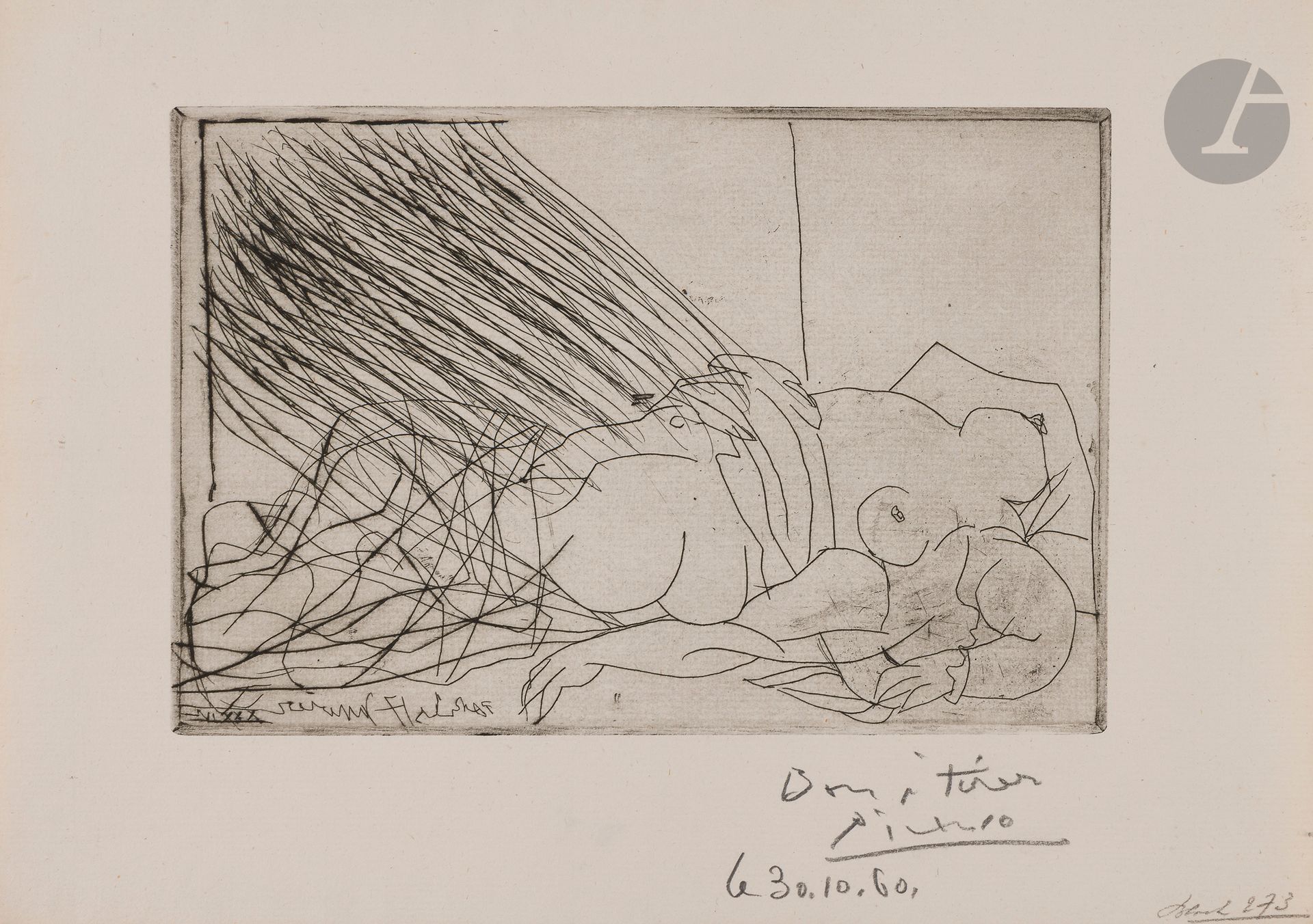 Pablo Picasso (1881-1973)
Sleeping or dead nude woman (Danaé?). January 17, 1934. Etching. 207x138 [295x207]. Bloch 273; Baer 403 b a. Very fine trial proof on old thin ivory laid paper, from the 1960 print run by Frélaut, annotated in pencil "Bon à tirer", signed, then dated "le 30.10.60", prior to the print run of 50 proofs for the L. Leiris gallery. Leiris gallery. Old median vertical and horizontal folds perceptible on verso (invisible on recto). Fine band of oxidation at the edges of the sheet, mainly on the left. Small brown ink stain at foot of verso. Full margins. (This print cited by Baer, provenance: Lecomte-Loudmer sale, Paris, February 26, 1976, with annotation by M. Lecomte in pencil lower right).