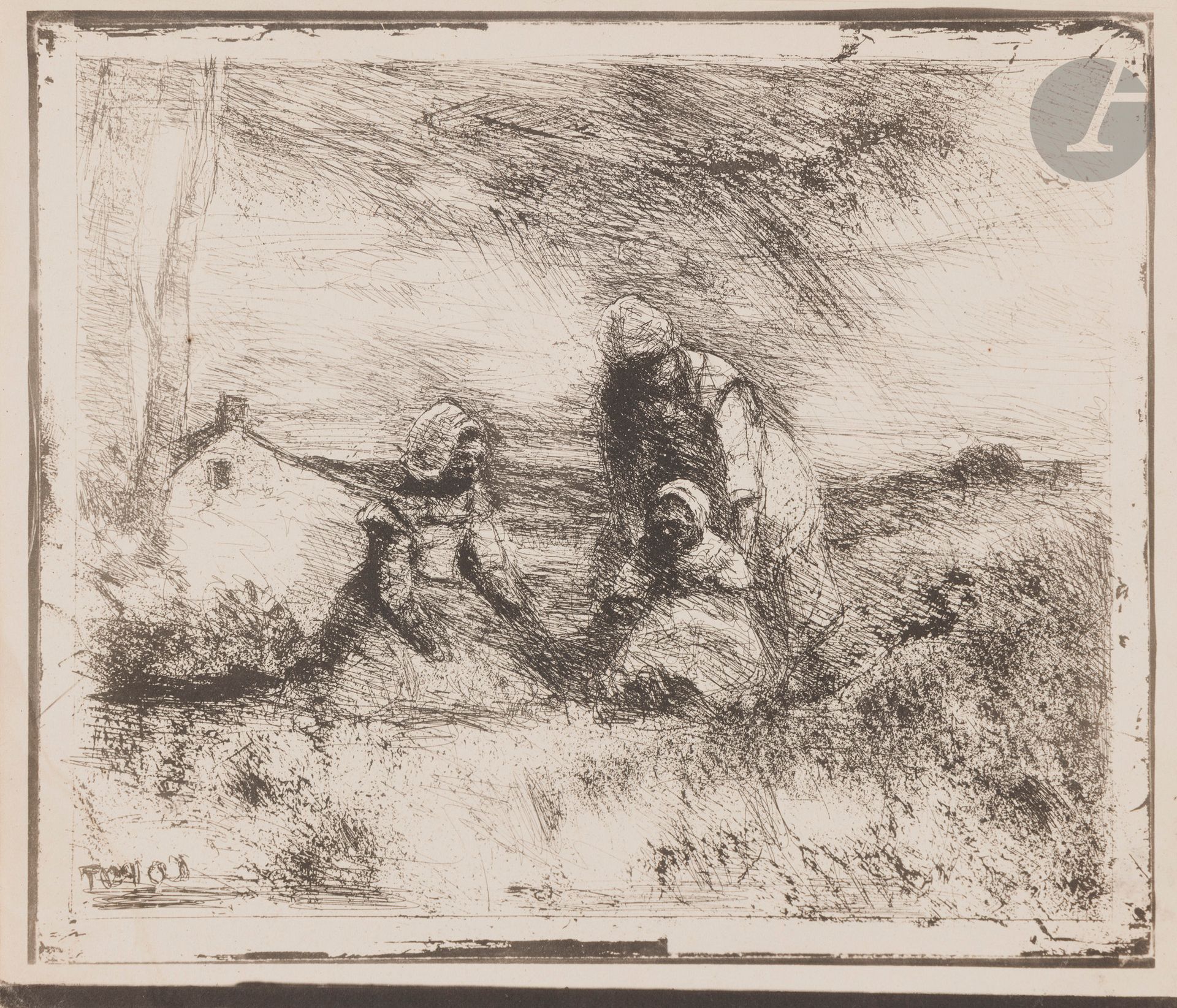 Jean-Baptiste Camille Corot (1796-1875)
La Petite sœur. 1854. Cliché-verre. 218x182. Delteil 41. Très belle épreuve tirée en noir bistré sur vélin mince chamois, essai antérieur au tirage pour Quarante clichés-glace de Corot, Daubigny, Delacroix, Millet, Rousseau tirés sur les plaques provenant de la Collection de M. Cuvelier, à Paris chez Maurice Le Garrec, 1921.