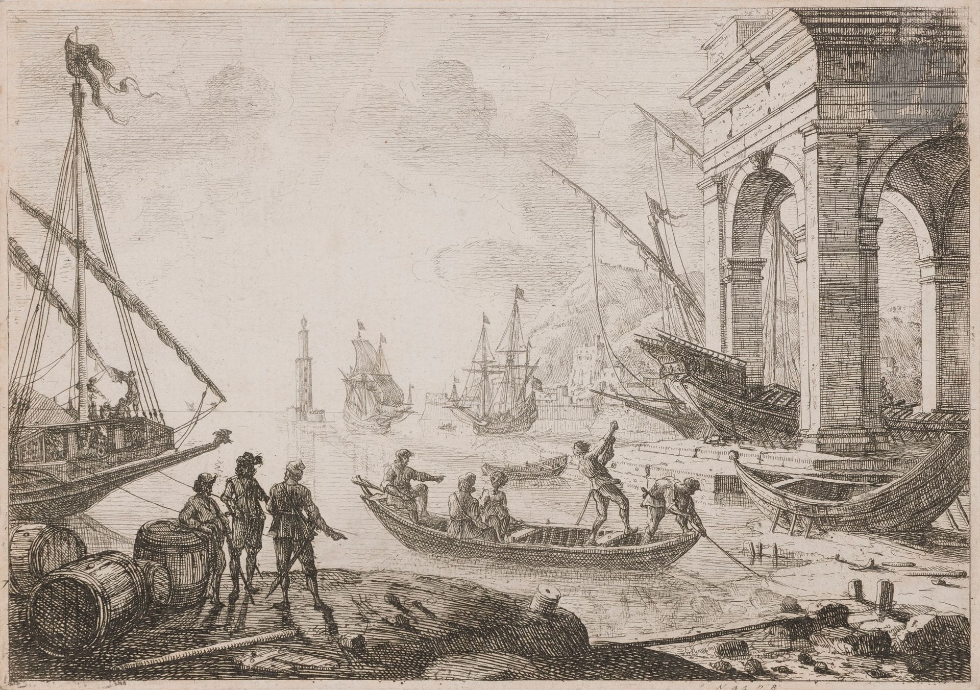 Claude Gellée, known as Le Lorrain (1600-1682)
Seaport with lantern. About 1635-1636. Etching.200x140. Robert-Dumesnil 11; Mannocci37. Fine proof on 18th-century laid paper, of the 4th state (of 5), before erasure of the numbers in the lower margin, trimmed on or within the plate cut, the inscription slightly marred.