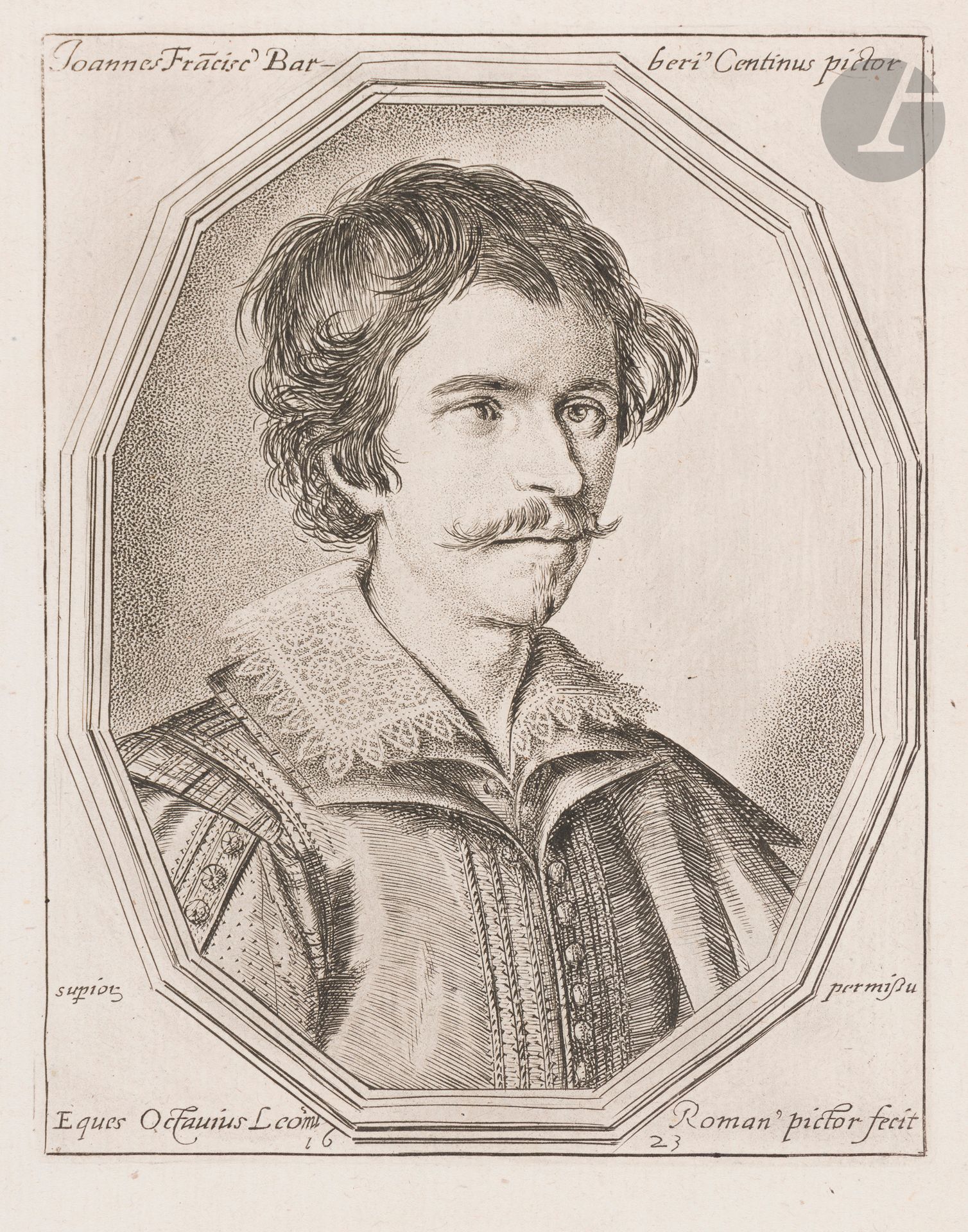 Ottavio Leoni (1578-1630)
Portraits de peintres italiens(L. Bertucci, G. Baglione, F. Guercino, G. L. Bernini, Cavaliere d’Arpino, L.Leoni – père de l’artiste –, M. Provenzale, A. Tempesta…); P. G. Orsini, duc de Bracciano. 1623-1625. Eau-forte et burin. 110x140. Bartsch 11, 14 (i/ii et ii/ii), 18 (i/ii, 2 épr.), 19, 20, 23 (i/ii et ii/ii), 28 (i/ii et ii/ii), 33, 37, 38 (i/ii). Réunion de 14 épreuves sur vergé, certaines du 1er état avant le numéro, parfois rognées au trait carré, les autres avec marges. Rousseurs claires et légères auréoles à certaines pl., quelques traces de colle oxydées au verso. Timbre de la coll. Winfield Robbins (New York, 1841-1910, Lugt non décrit) à B. 38. Ens. 14 p.