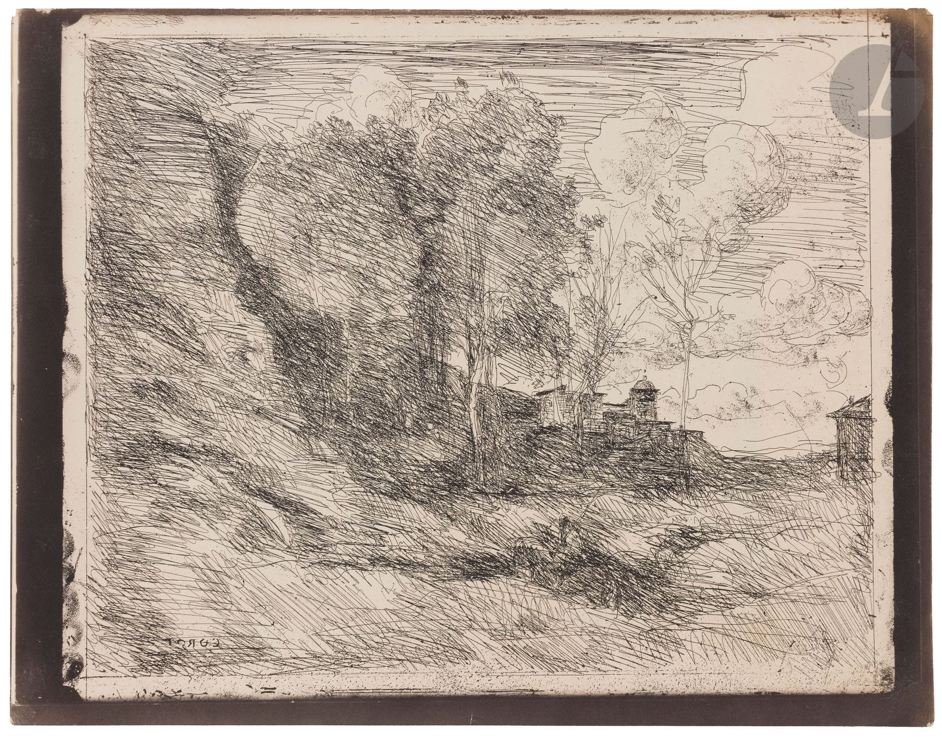 Jean-Baptiste Camille Corot (1796-1875)
Souvenir d’Ostie. 1855. Cliché-verre. 400x305. Delteil 57. Très belle épreuve tirée en noir bistré sur vélin mince chamois, essai antérieur au tirage pour Quarante clichés-glace de Corot, Daubigny, Delacroix, Millet, Rousseau tirés sur les plaques provenant de la Collection de M. Cuvelier, à Paris chez Maurice Le Garrec, 1921. Petites traces d’encre sépia au verso. Timbre de collection A M non identifié (Lugt non décrit).