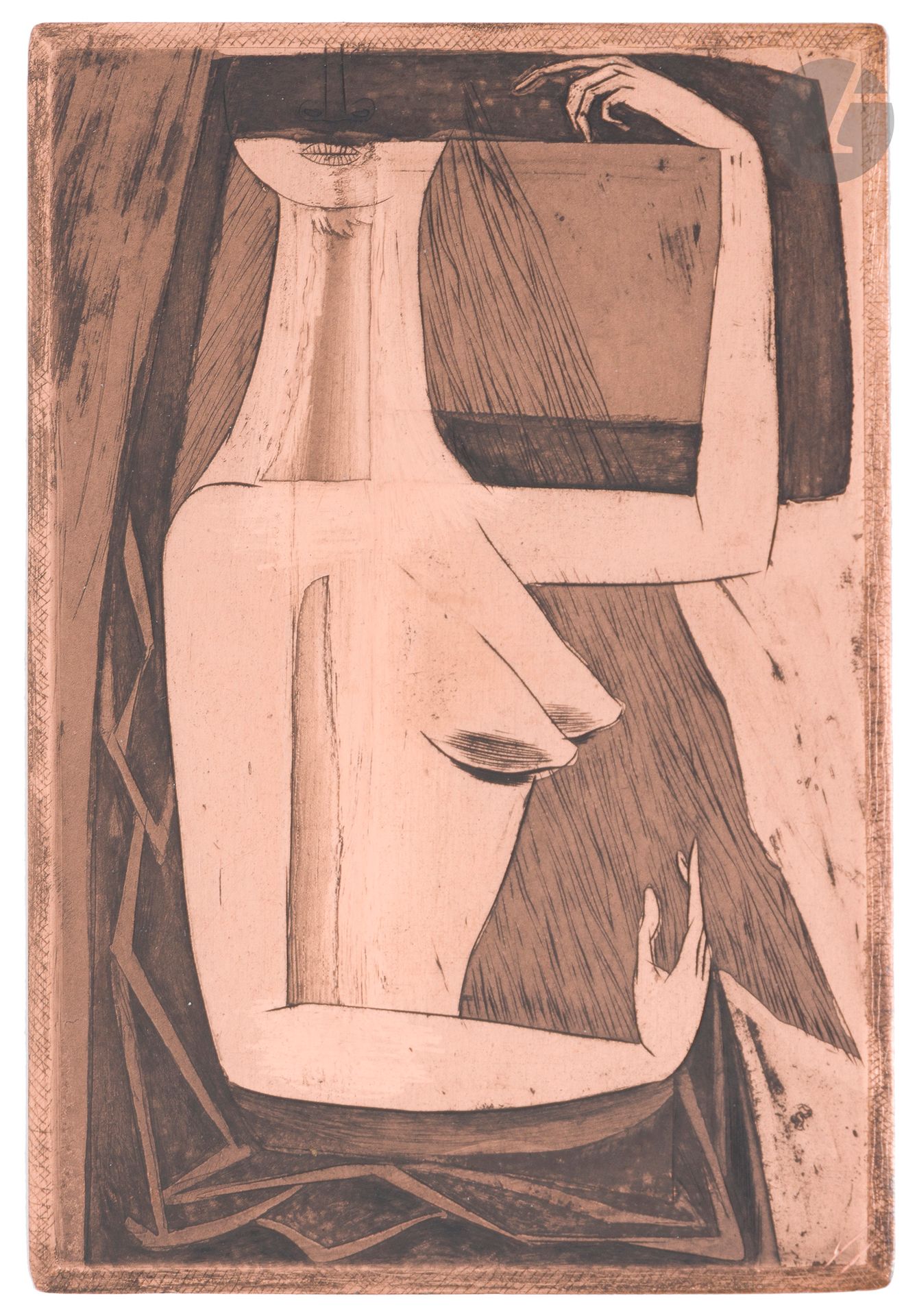 Anton Prinner (1902-1983)
Femme en buste, bras recourbés. (Pl. pour La Femme tondue, Paris, A.P.R., 1946). Cuivre gravé à l’eau-forte et au burin. 95x135. Biseauté, les angles arrondis. Encré et verni. Biffé de deux traits de burin dans l’angle inférieur droit.

Provenance:
Atelier Leblanc, imprimeur.