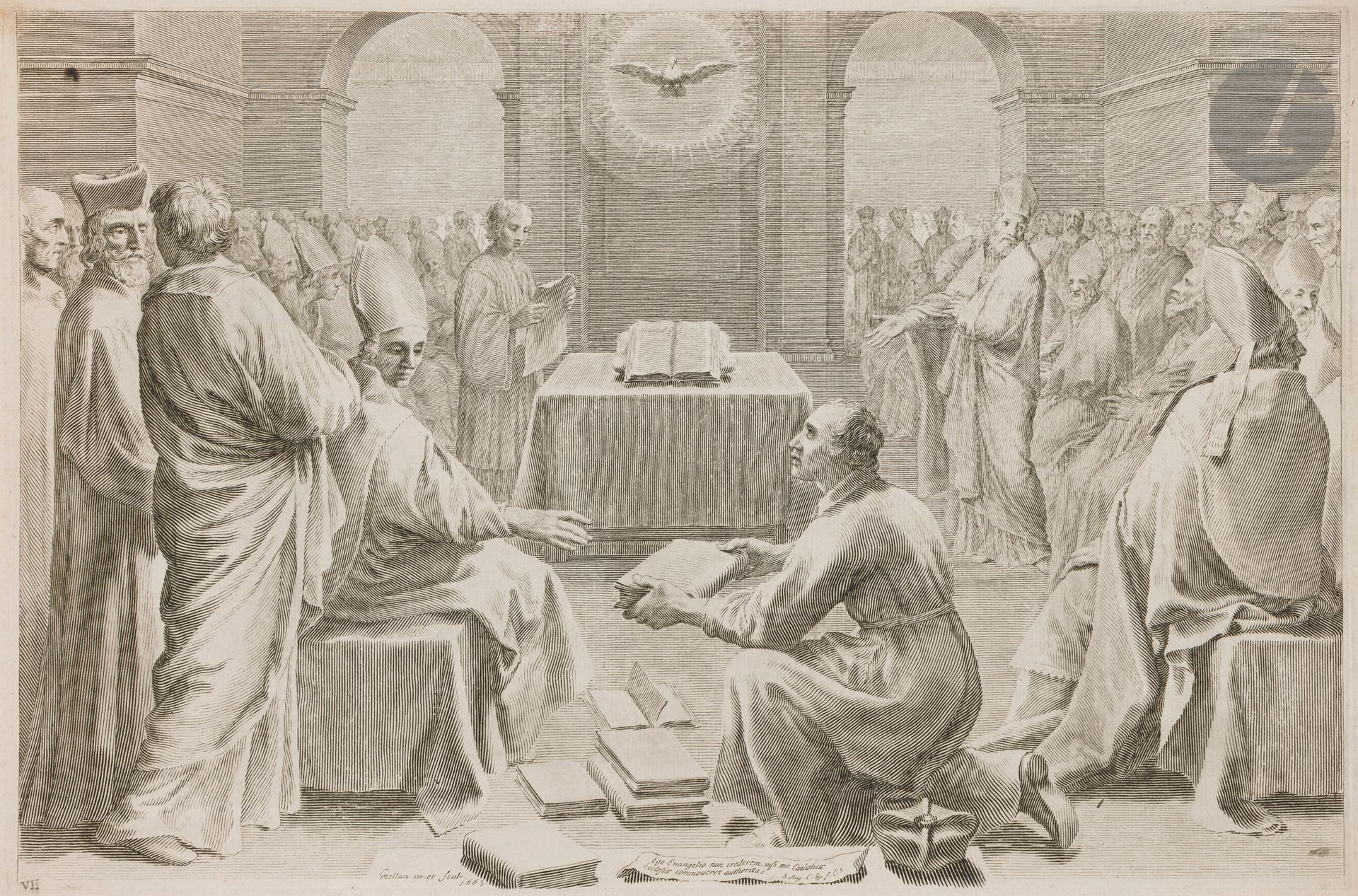 Claude Mellan (1598-1688)
Un concile. 1665. Burin. 445x290. Préaud 120. Très belle épreuve sur vergé (filigrane: IHS surmonté d’une croix du Saint-Esprit). Petits restes de colle en tête au verso. Petites taches d’encre dans le sujet en haut à gauche et en bas à droite. Marges étroites. Ex-coll. J. van Haecken (Lugt 2516) et E. Levy (L. 876).