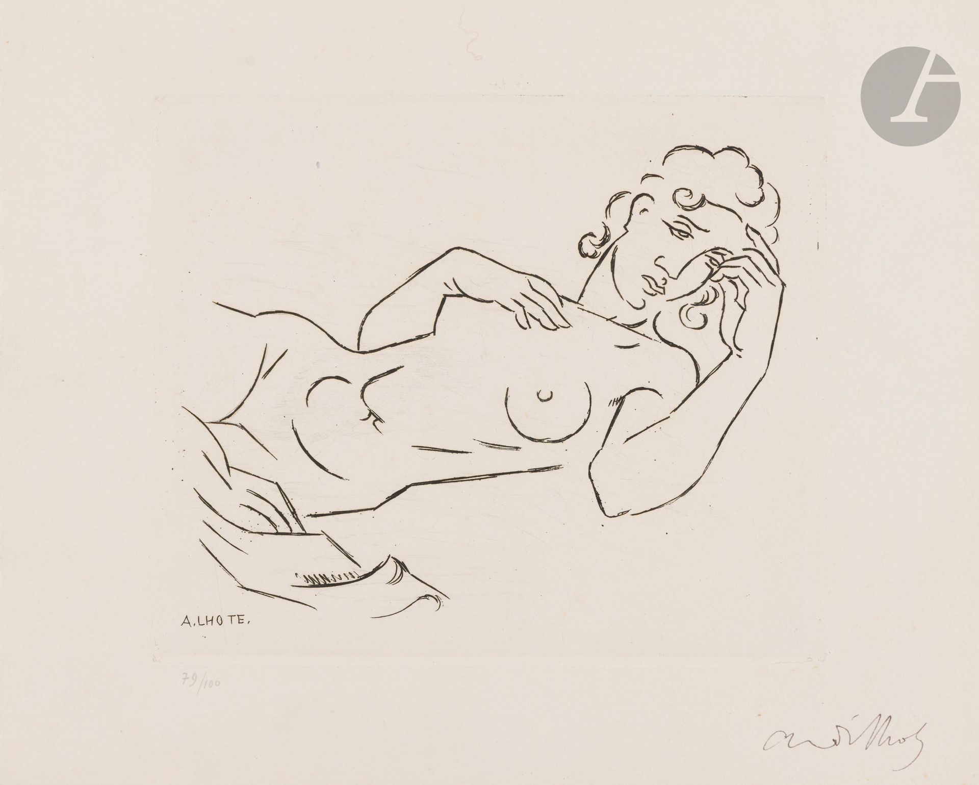 André Lhote (1885-1962)
Femme nue allongée à mi-corps. Vers 1927. Eau-forte. 189x162. Parfaite épreuve sur vélin fort, numérotée au crayon et signée à la plume et à l’encre. Tirage à 100 épreuves pour L’Art d’aujourd’hui, A. Morancé éd.