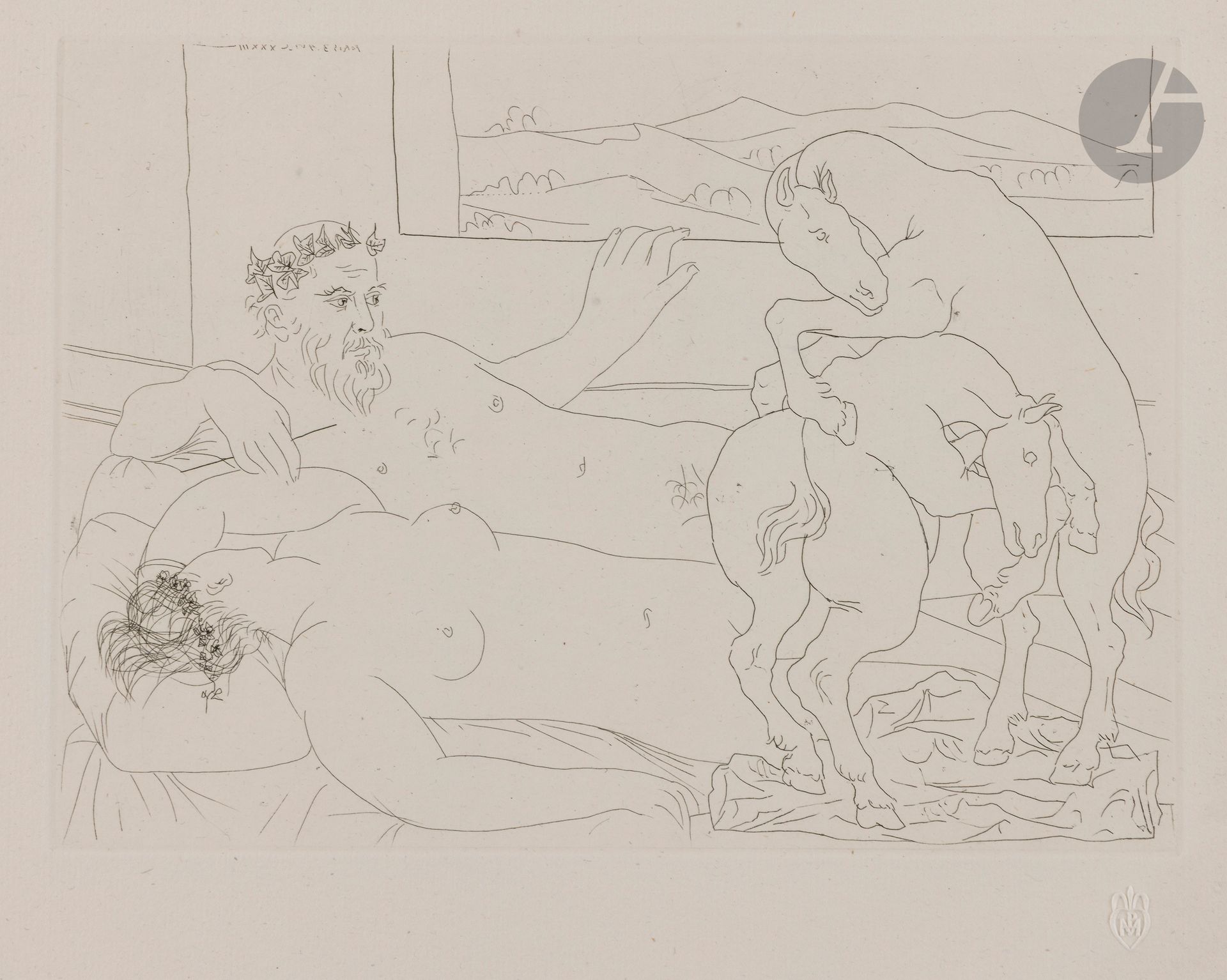 Pablo Picasso (1881-1973)
Le Repos du sculpteur. (Suite Vollard, pl. 63). 3 avril 1933. Eau-forte. 267x194 [450x336]. Bloch 172; Baer 325 B d. Parfaite épreuve sur vergé de Montval filigrané «Picasso», du tirage à 260 épreuves à petites marges, non signée. Toutes marges. Timbre sec: H.M.Petiet (Lugt 5462).