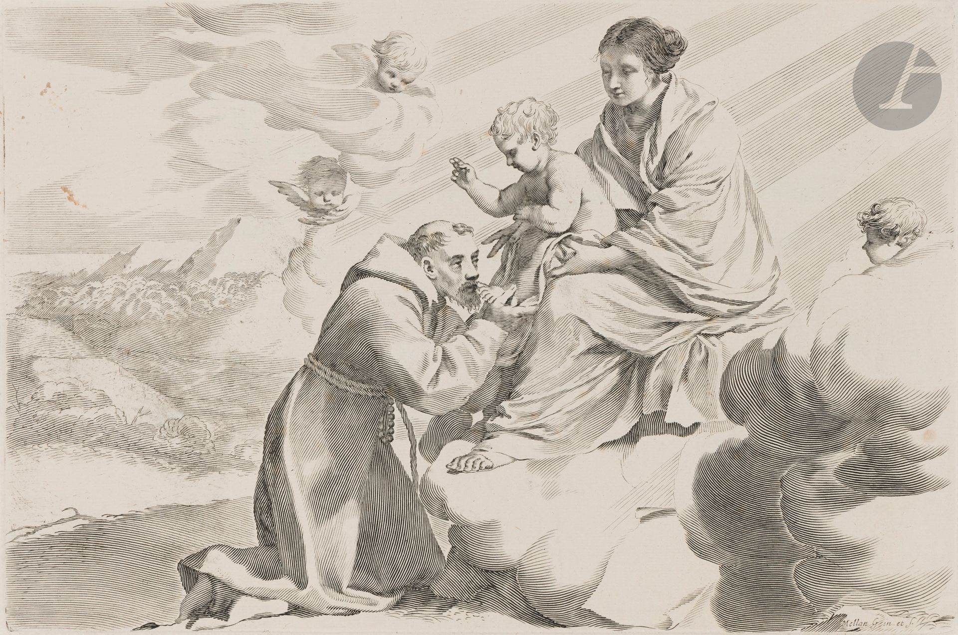 Claude Mellan (1598-1688)
Saint François d’Assise. Burin. 358x235. Préaud 74. Très belle épreuve sur vergé (filigrane partiel: dupuy fin et contremarque grappe dans un cercle), du 1er état (sur 2), avant les armes dans la feuille blanche en pied. Petites taches rousses dans le sujet en haut à gauche. Petites traces de colle en tête au verso. Marges étroites.