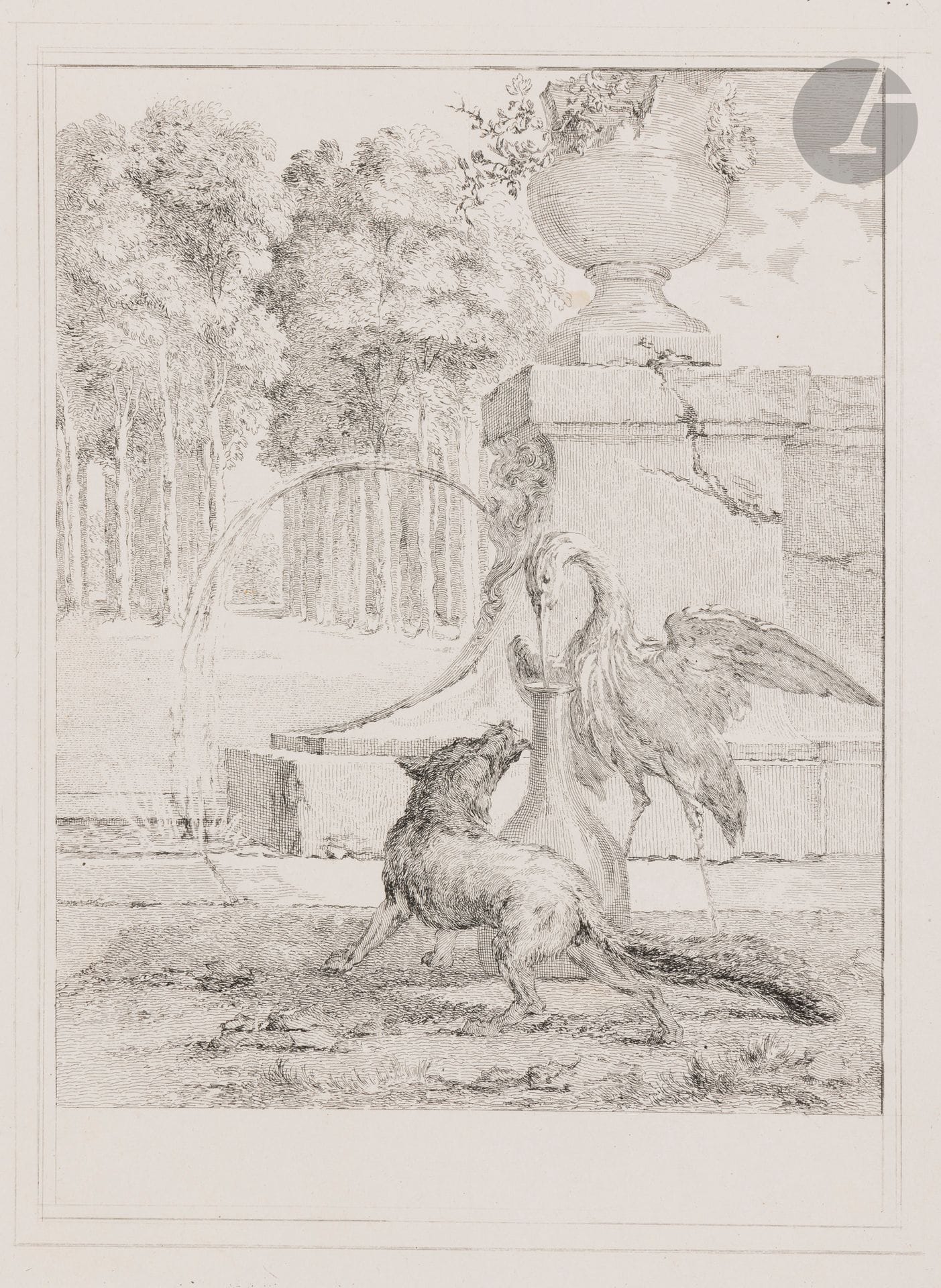 Jean-Baptiste Oudry (1686-1755) (d’après)
Le Renard et la cigogne. (Pl. pour les Fables de La Fontaine, Paris, Desaint et Saillant, 1755-1759). Gravé par J.-J. Flipart. 228x308. I.F.F. 17. Très belle et fraîche épreuve d’état sur vergé, à l’eau-forte pure, avant toute lettre. Deux points de rouille en marge inférieure. Toutes marges, celle de gauche légèrement déchiquetée.
